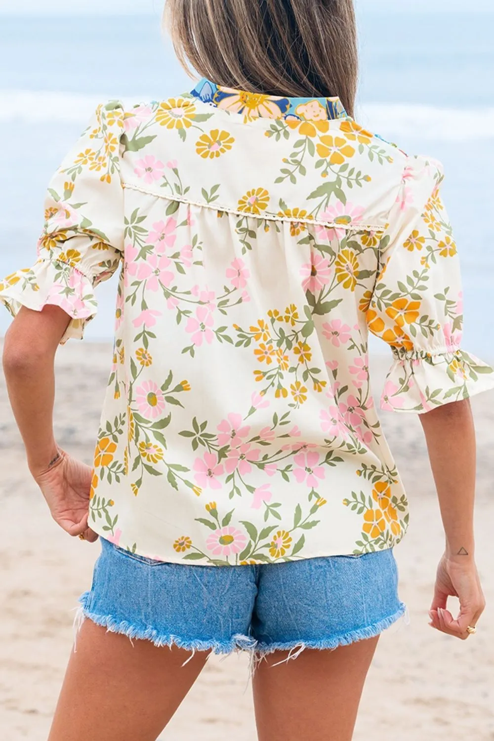 Multicolour Crochet V Neck Half Sleeve Boho Floral Blouse - Image 2