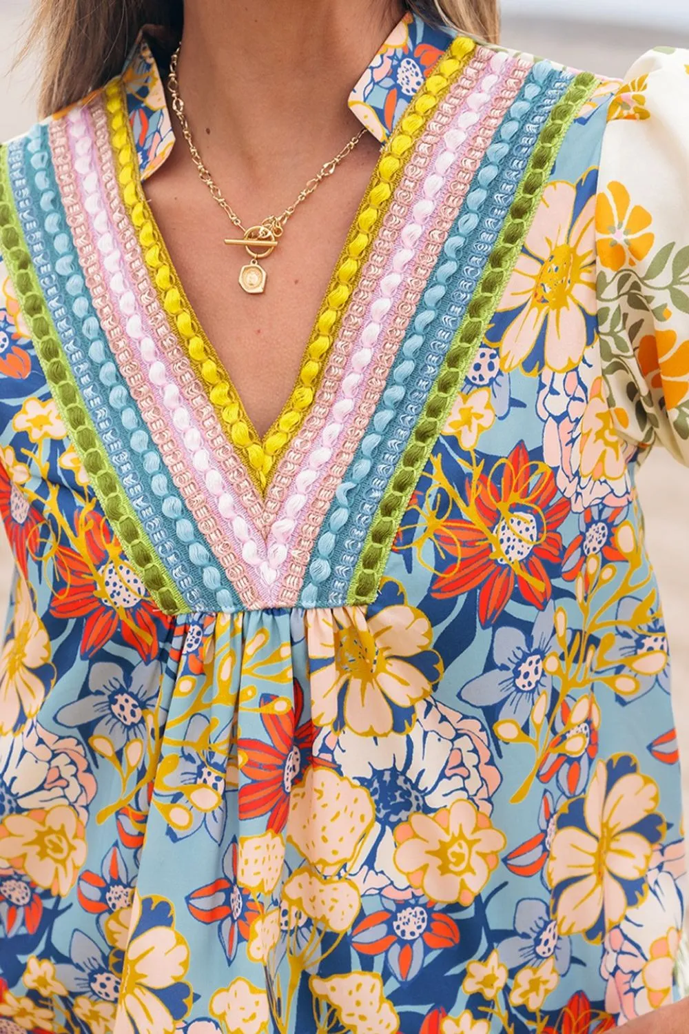 Multicolour Crochet V Neck Half Sleeve Boho Floral Blouse - Image 3