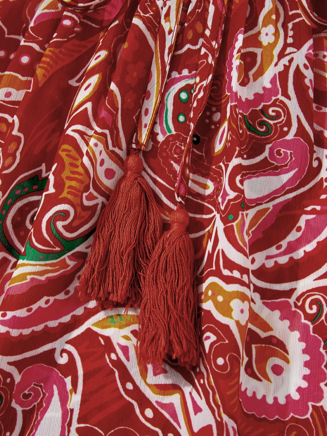 Multicolour Ethnic Paisley Print Tassel Tie Puff Sleeve Boho Blouse - Image 11