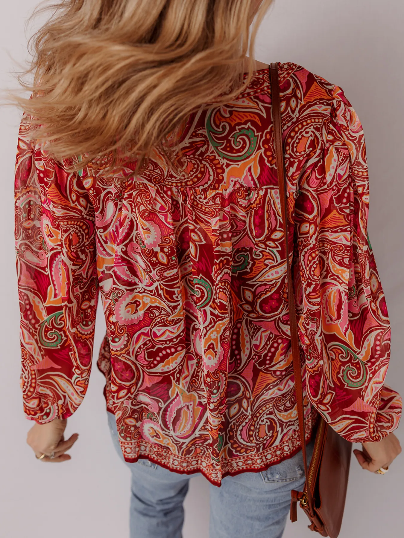 Multicolour Ethnic Paisley Print Tassel Tie Puff Sleeve Boho Blouse - Image 2