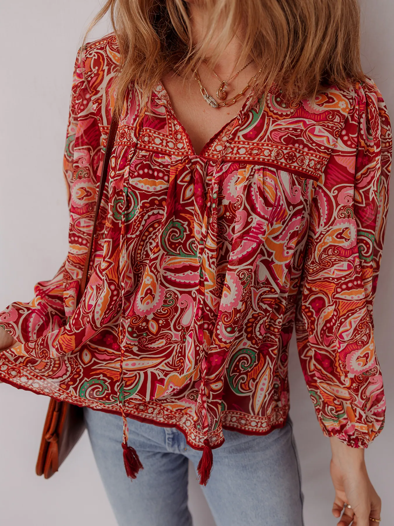 Multicolour Ethnic Paisley Print Tassel Tie Puff Sleeve Boho Blouse - Image 4