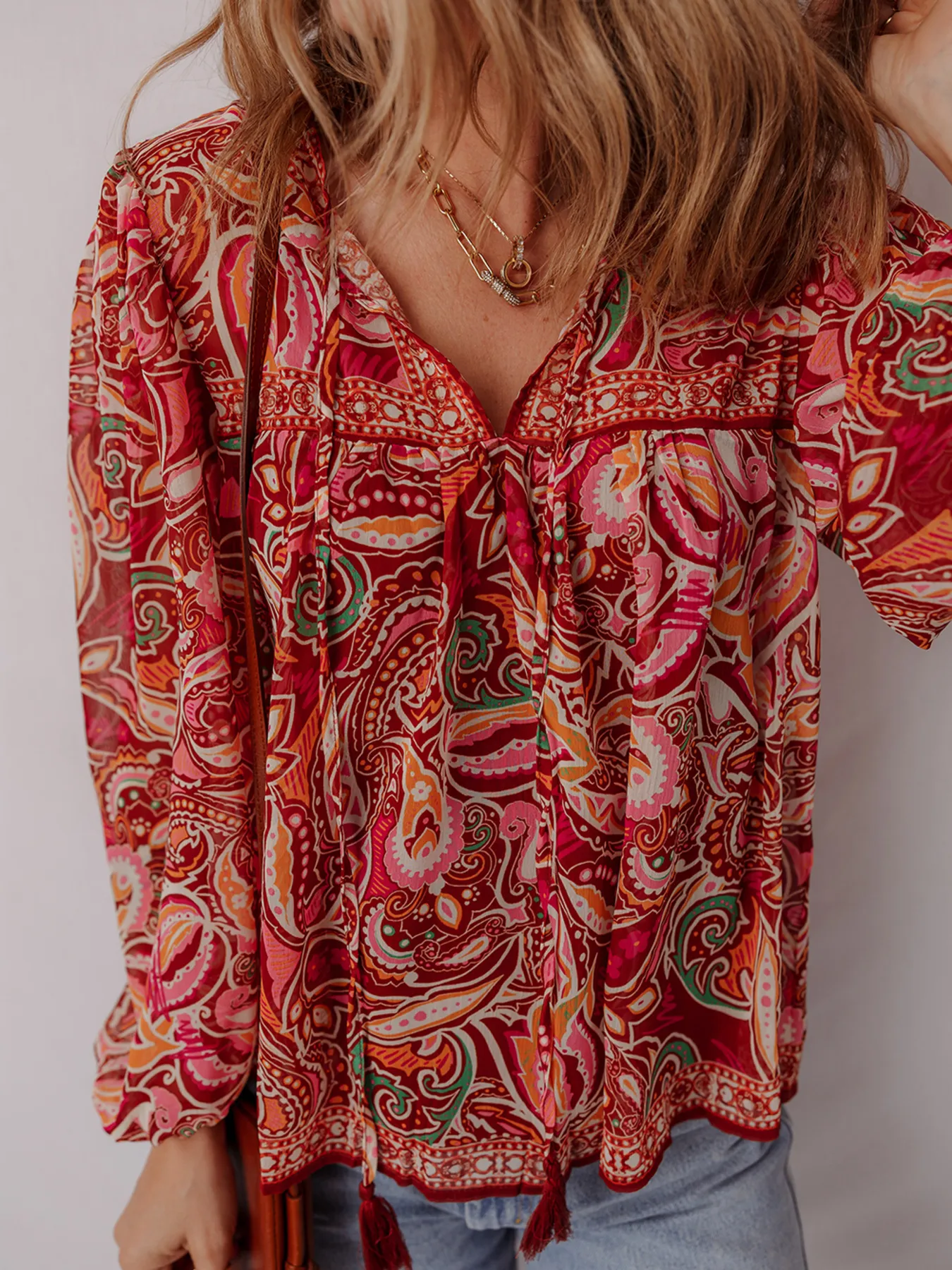 Multicolour Ethnic Paisley Print Tassel Tie Puff Sleeve Boho Blouse - Image 5