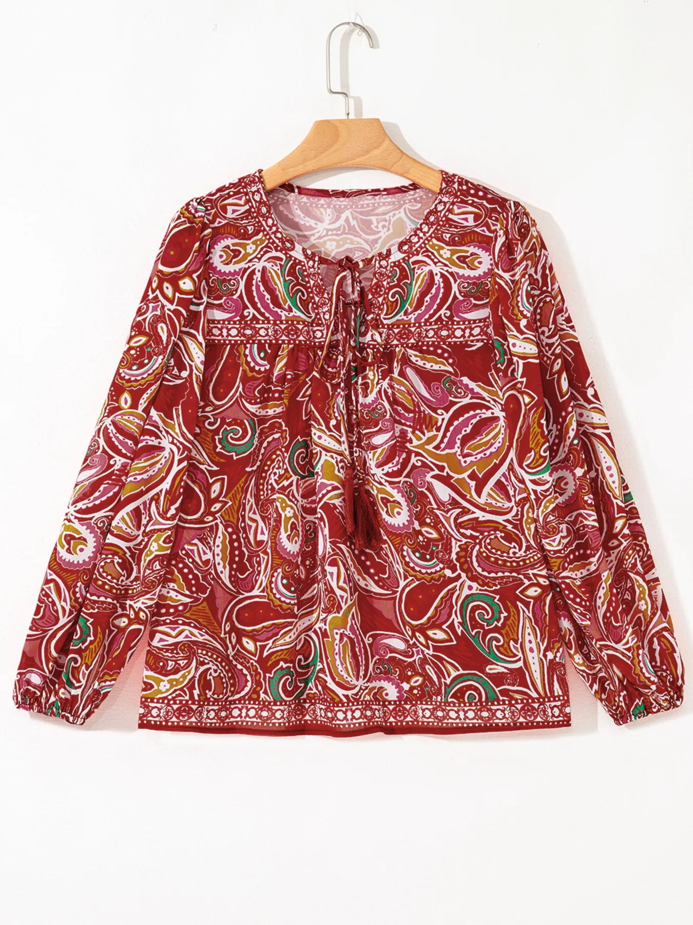 Multicolour Ethnic Paisley Print Tassel Tie Puff Sleeve Boho Blouse - Image 6