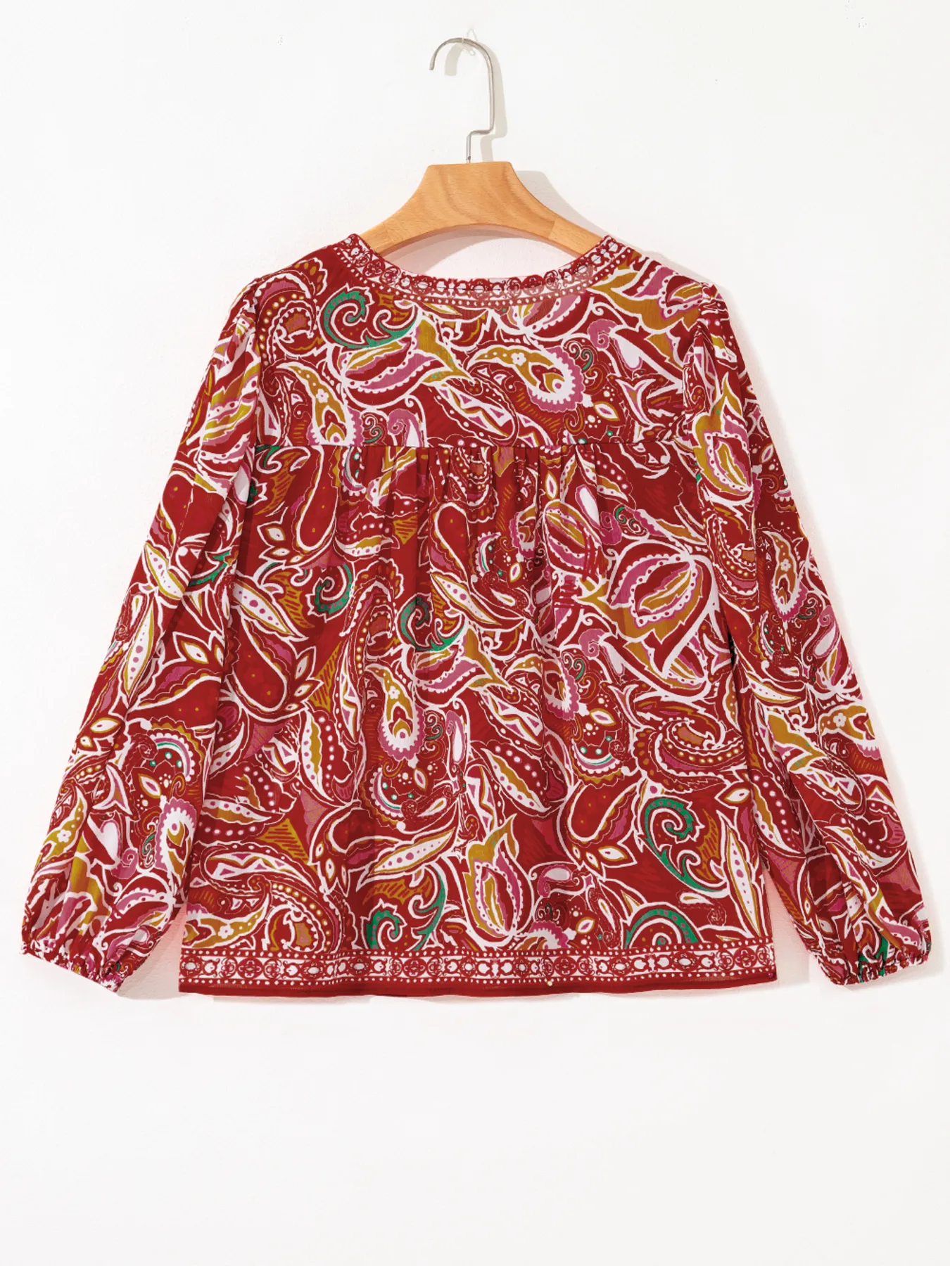 Multicolour Ethnic Paisley Print Tassel Tie Puff Sleeve Boho Blouse - Image 7