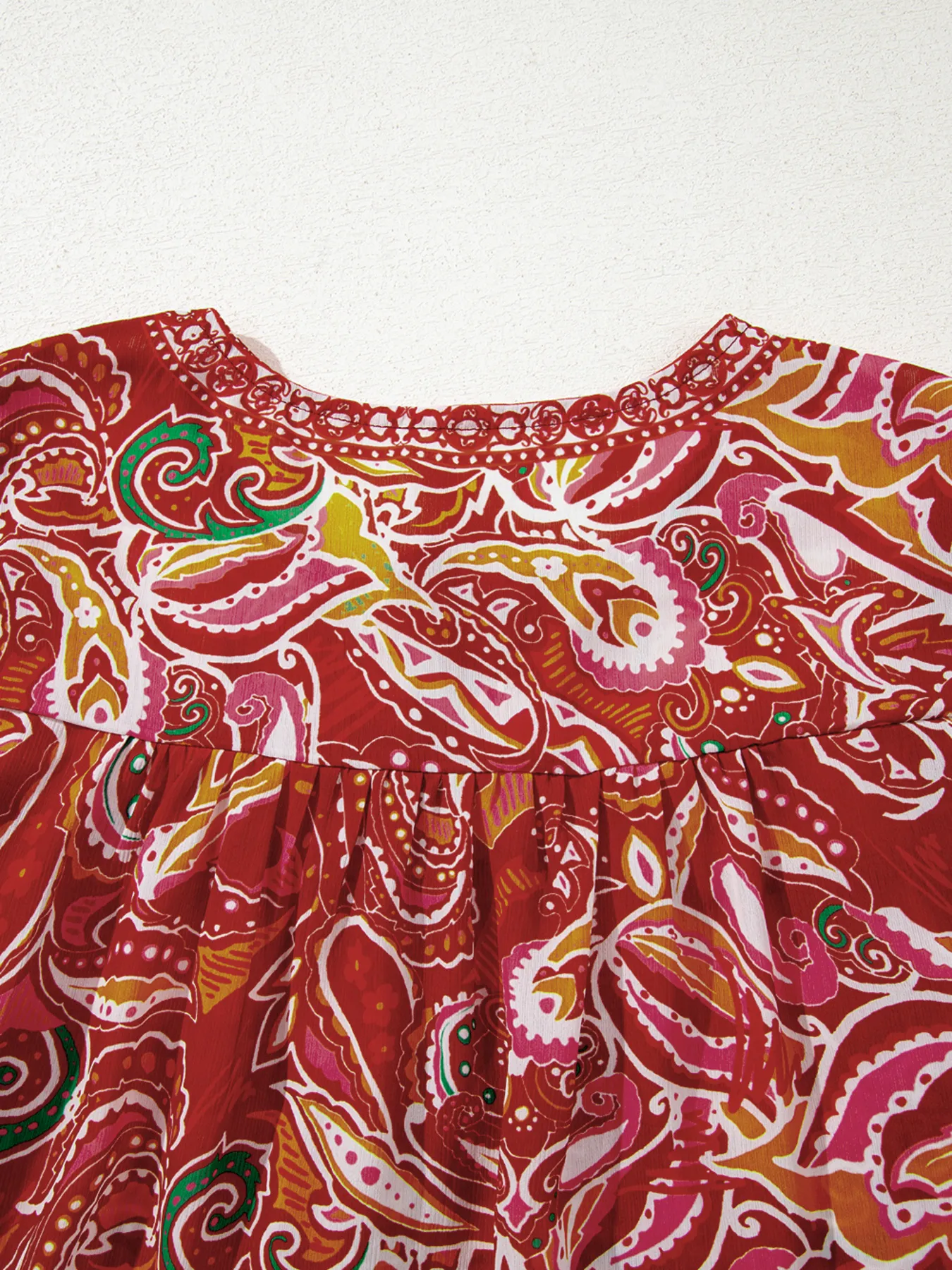 Multicolour Ethnic Paisley Print Tassel Tie Puff Sleeve Boho Blouse - Image 9