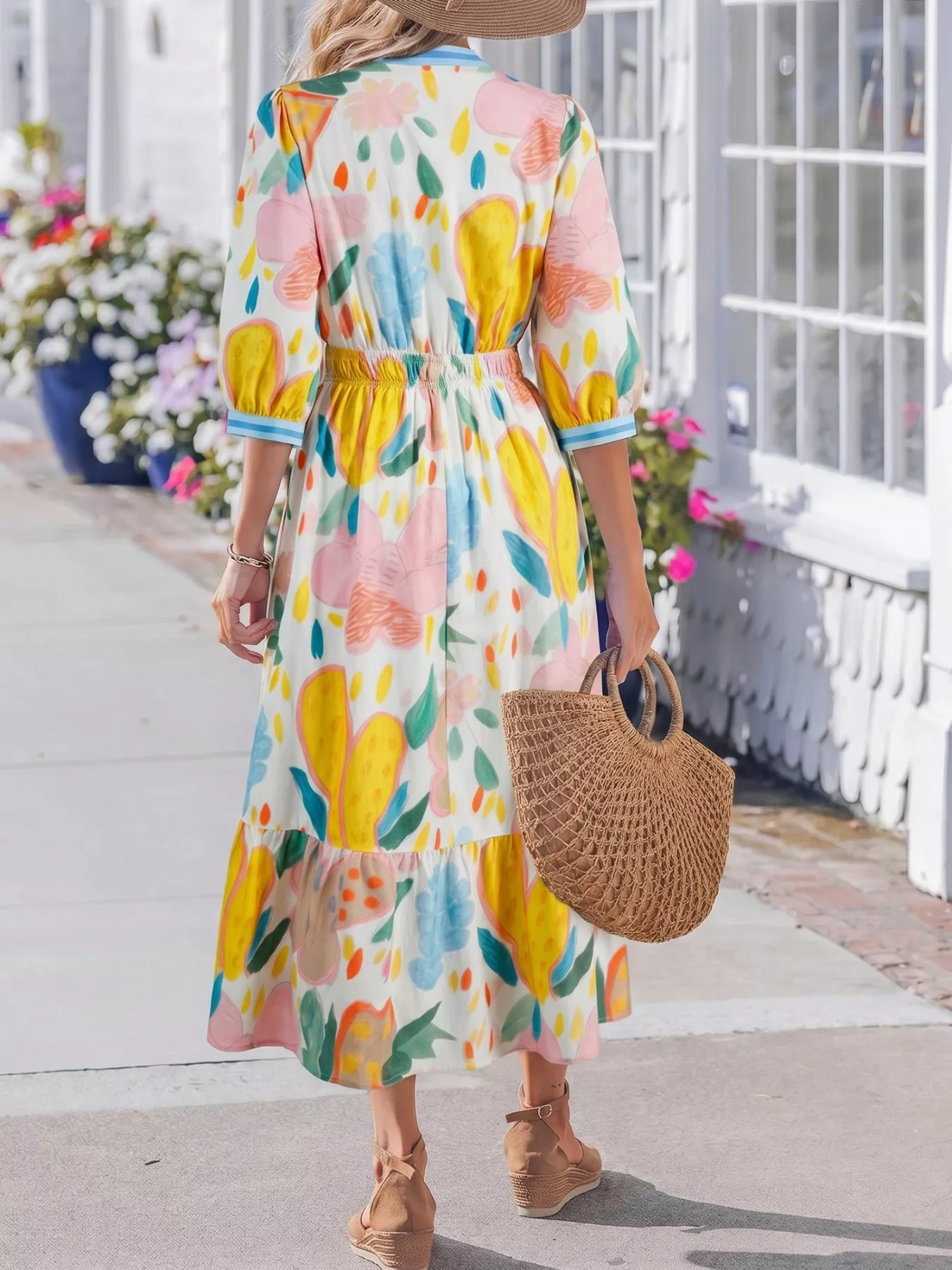 Multicolour Floral Doodle Print Striped Trim V Neck Midi Dress - Image 2