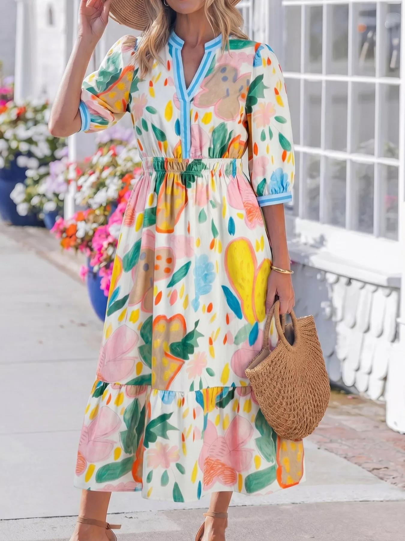 Multicolour Floral Doodle Print Striped Trim V Neck Midi Dress - Image 3