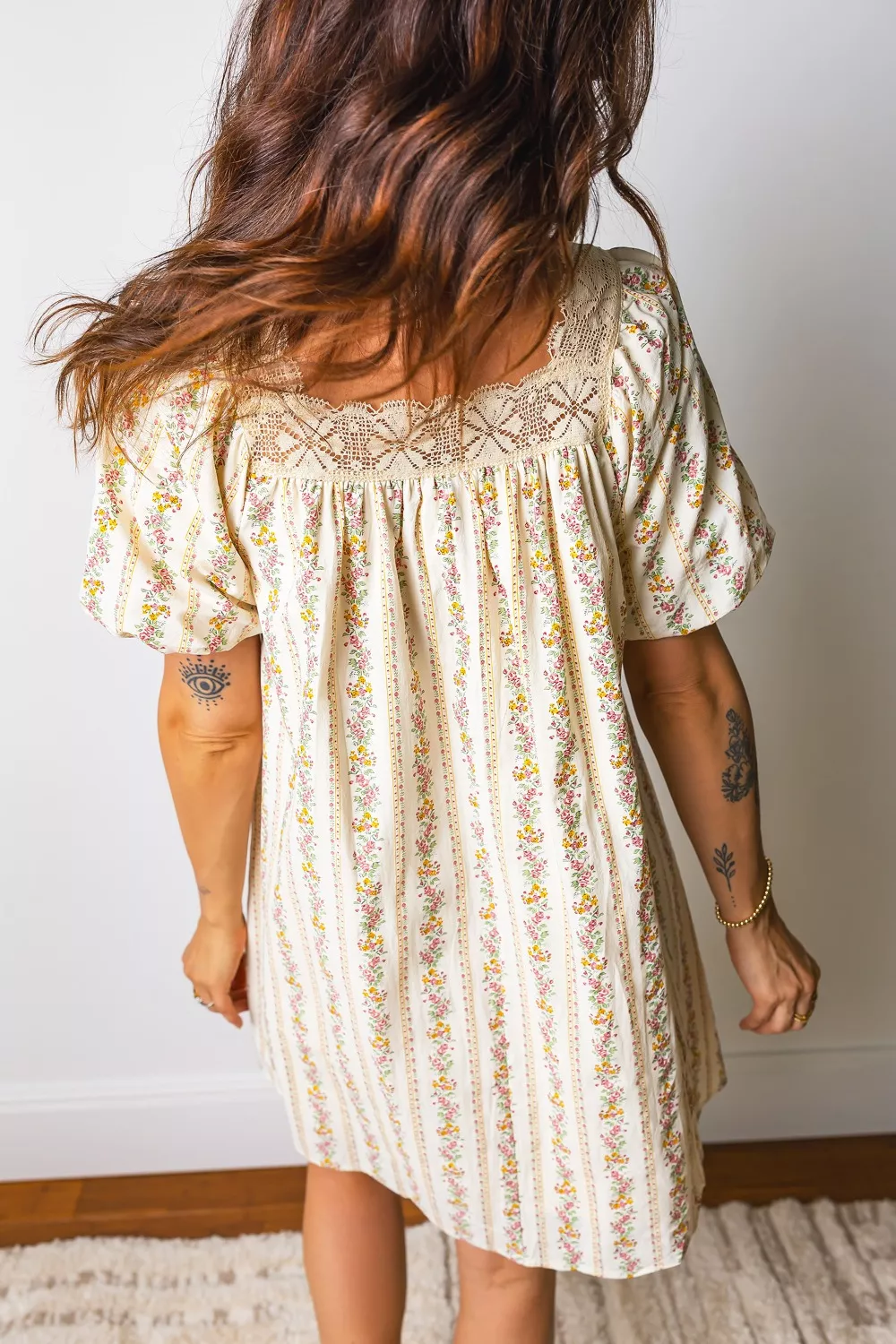 Multicolour Floral Print Contrast Ribbon Bow Lace Trim Square Neck Mini Dress - Image 3