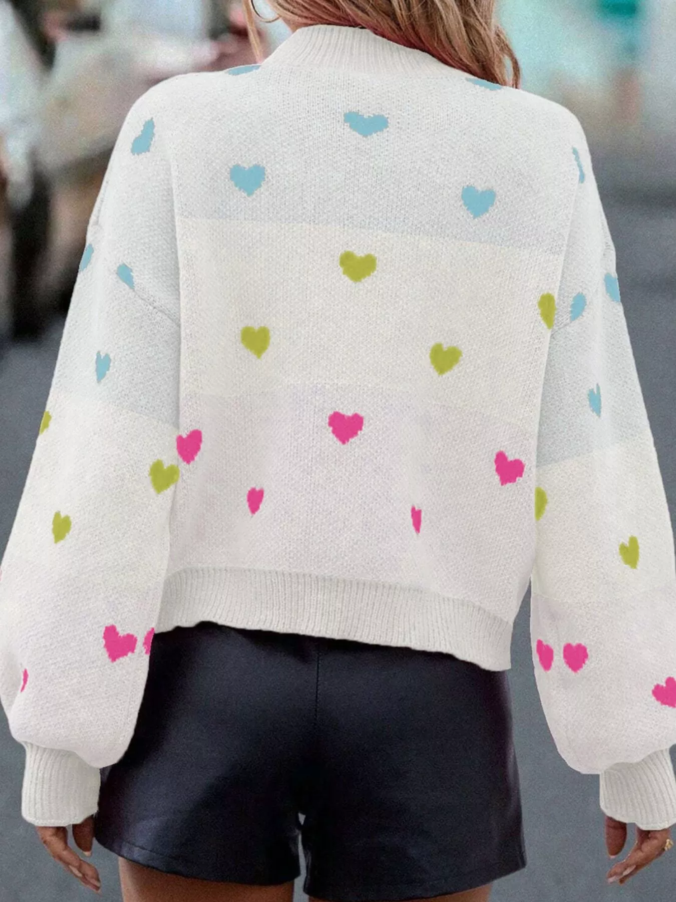 Multicolour Heart Pattern Dropped Shoulder Sweater - Image 3