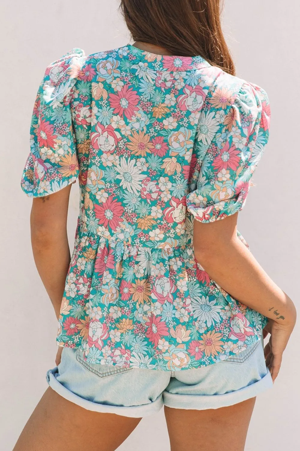 Multicolour Notched Neck Puff Short Sleeve Floral Blouse - Image 3