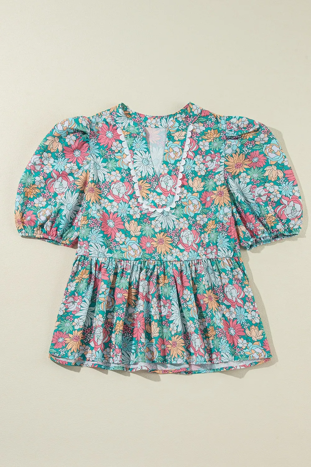 Multicolour Notched Neck Puff Short Sleeve Floral Blouse - Image 6