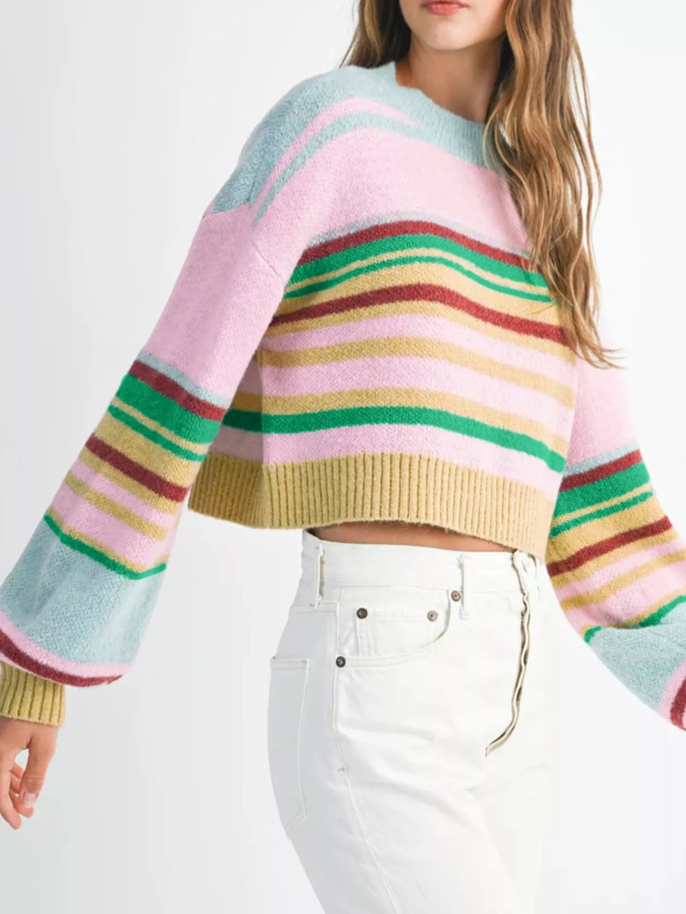 Multicolour Striped Knit Ribbed Trim Boxy Fit Cropped Sweater - Image 5