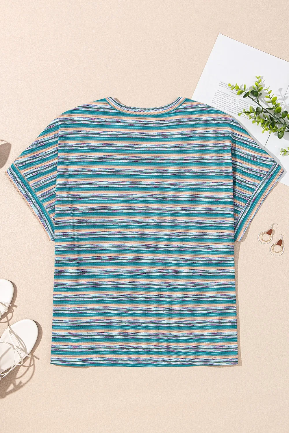 Multicolour Striped Wide Sleeve Loose T Shirt - Image 8