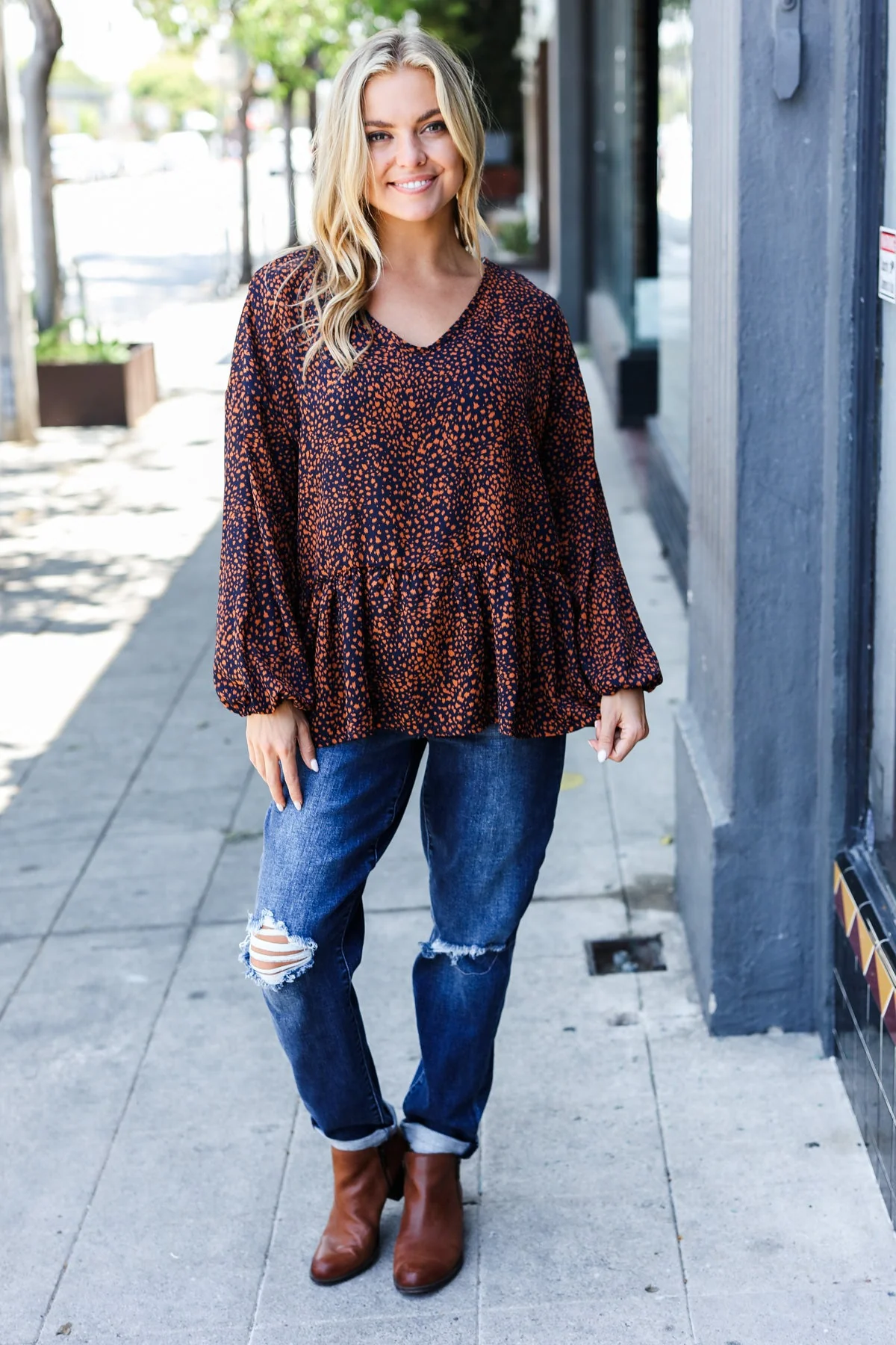 Navy & Rust Leopard Woven Babydoll Top - Image 2