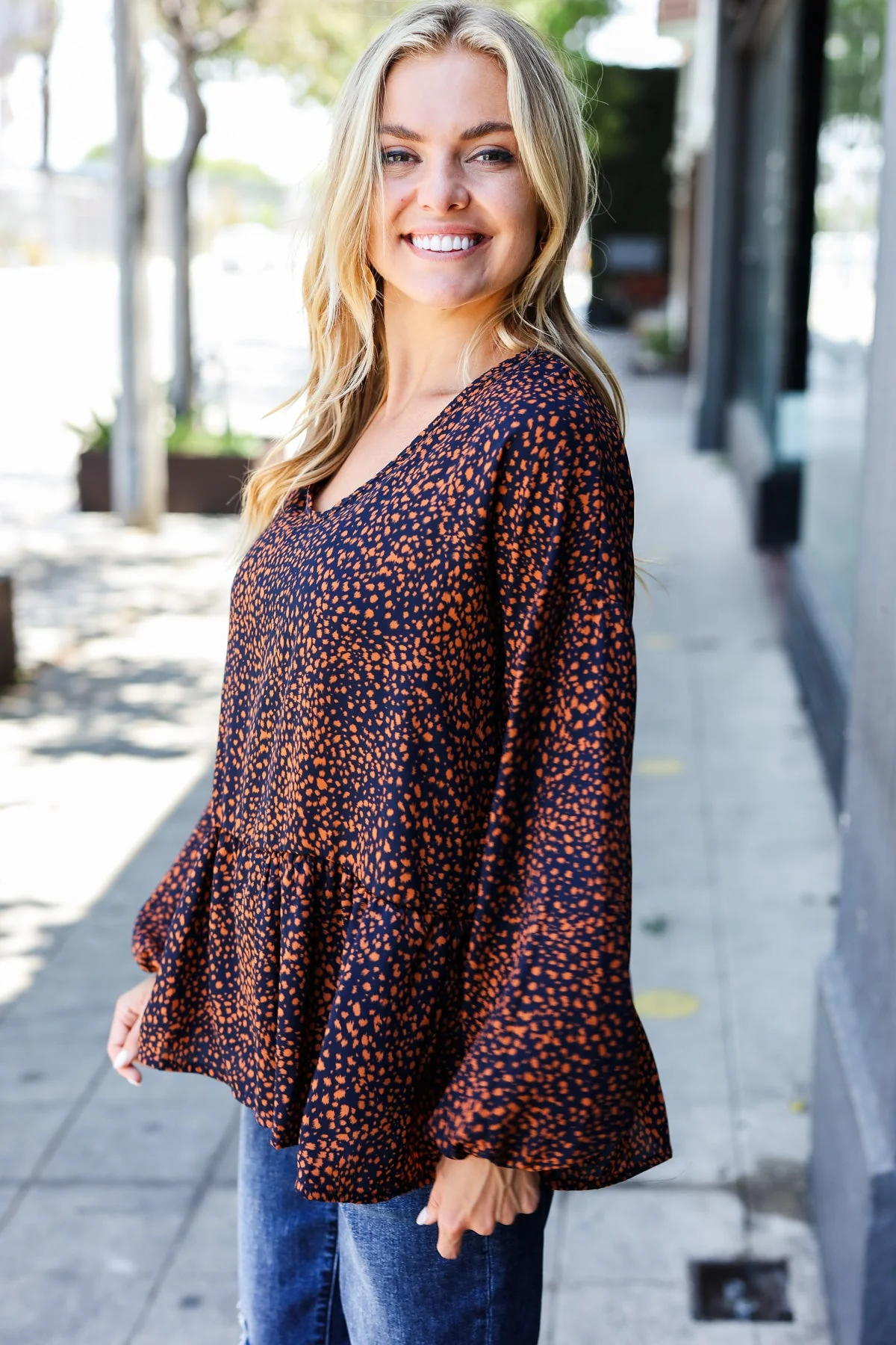 Navy & Rust Leopard Woven Babydoll Top - Image 4