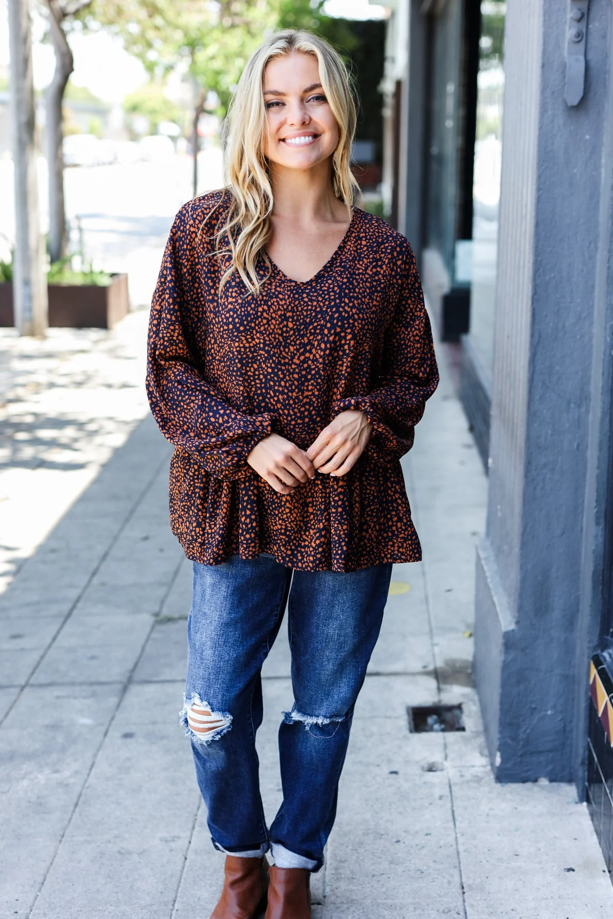 Navy & Rust Leopard Woven Babydoll Top - Image 5