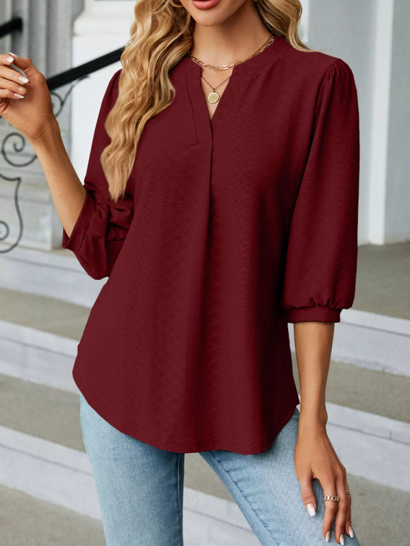 Notched 3/4 Sleeve Casual Top - Image 24