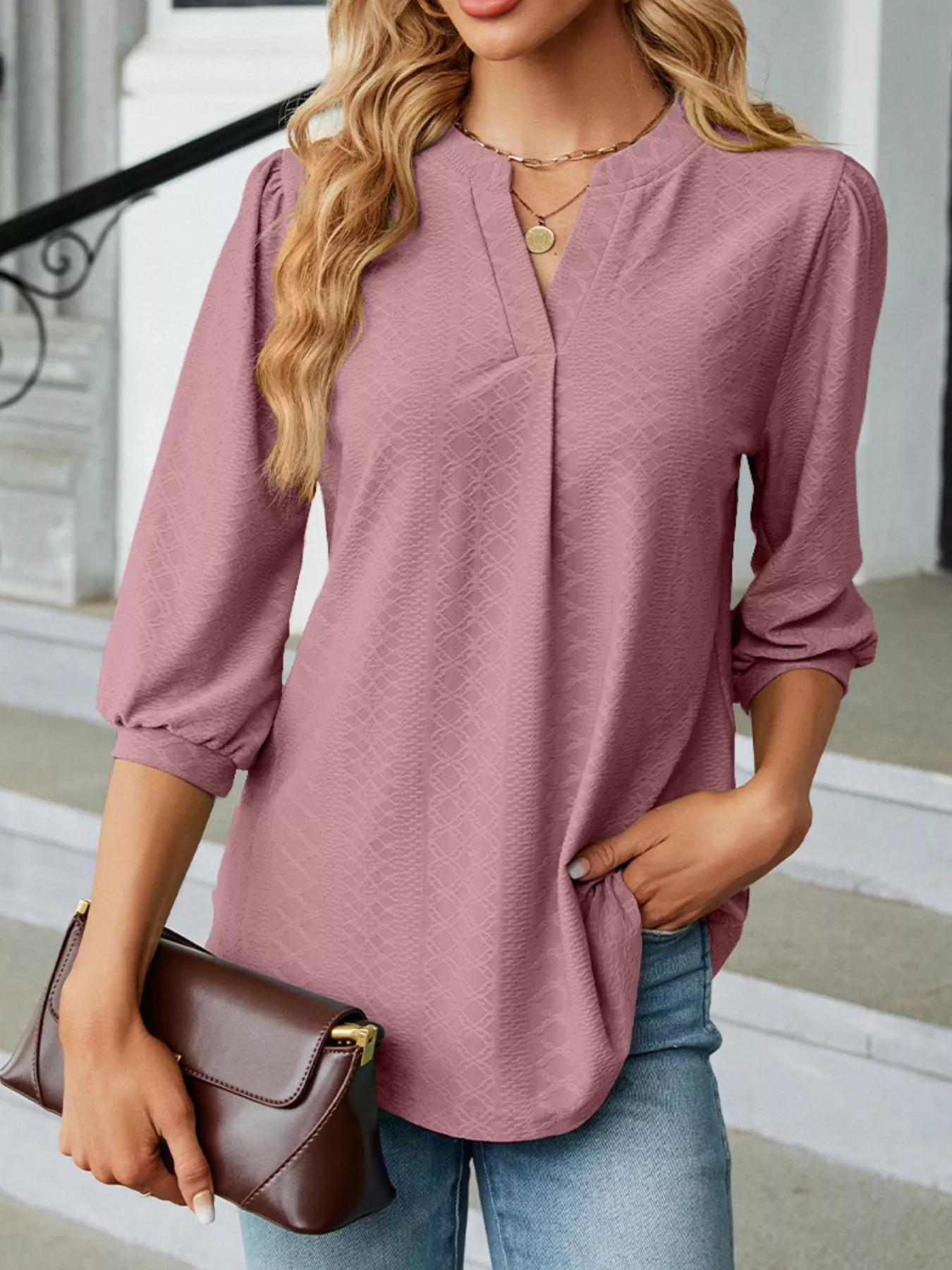 Notched 3/4 Sleeve Casual Top - Image 7