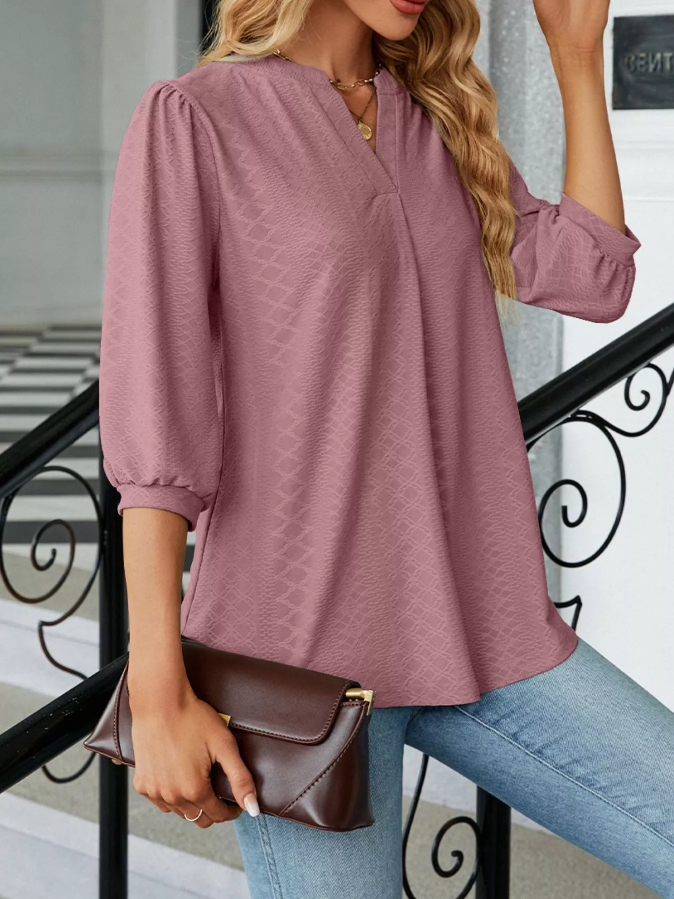 Notched 3/4 Sleeve Casual Top - Image 8