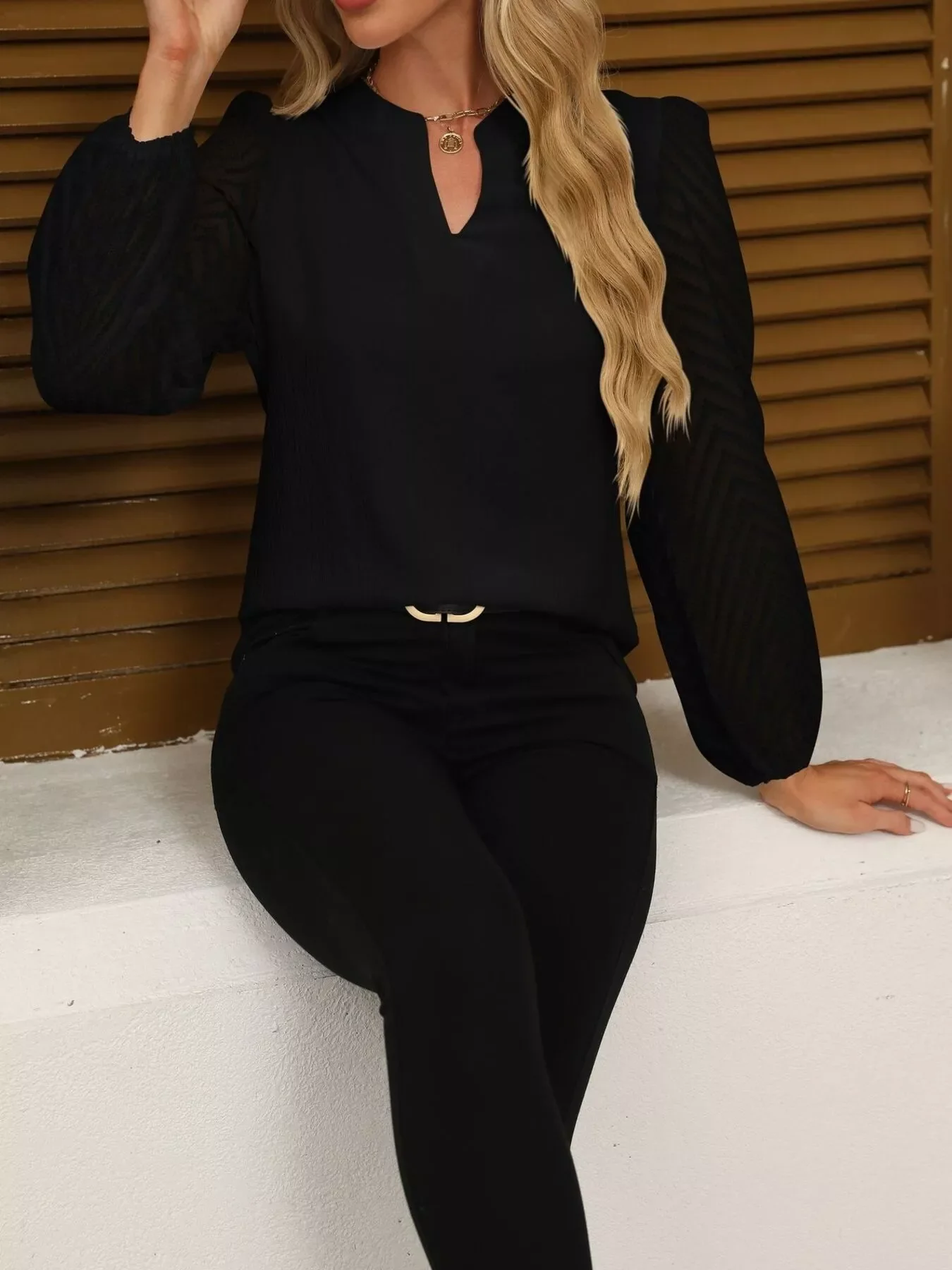 Notched Balloon Sleeve Blouse - Image 9