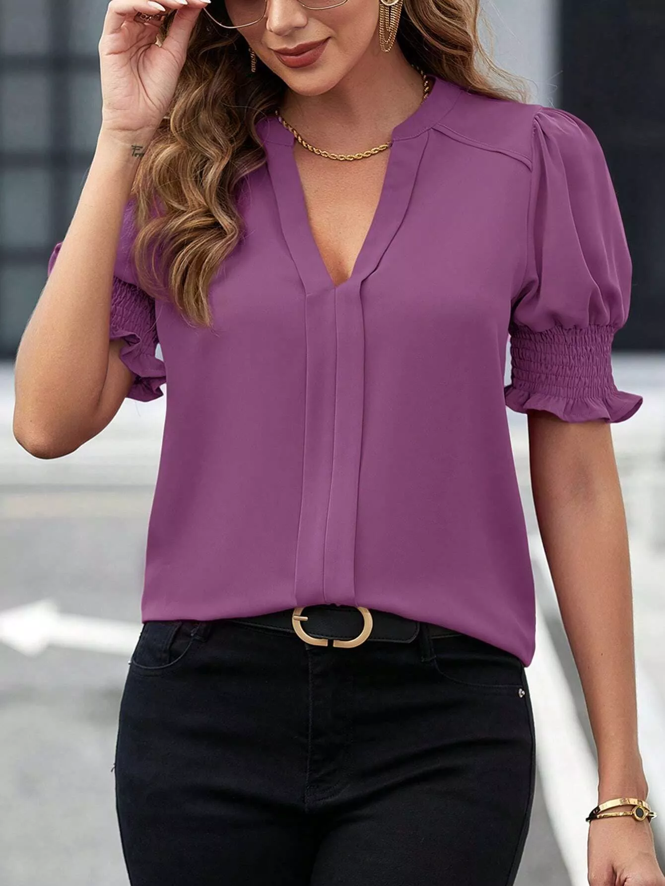 Notched Half Sleeve Blouse - Image 5