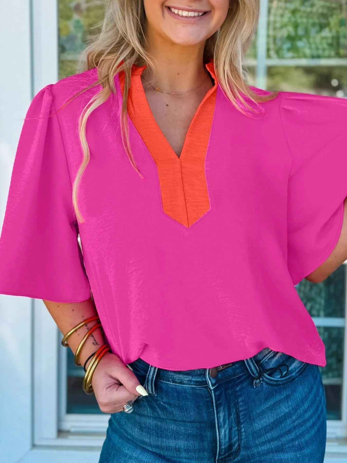 Notched Half Sleeve Blouse - Image 7