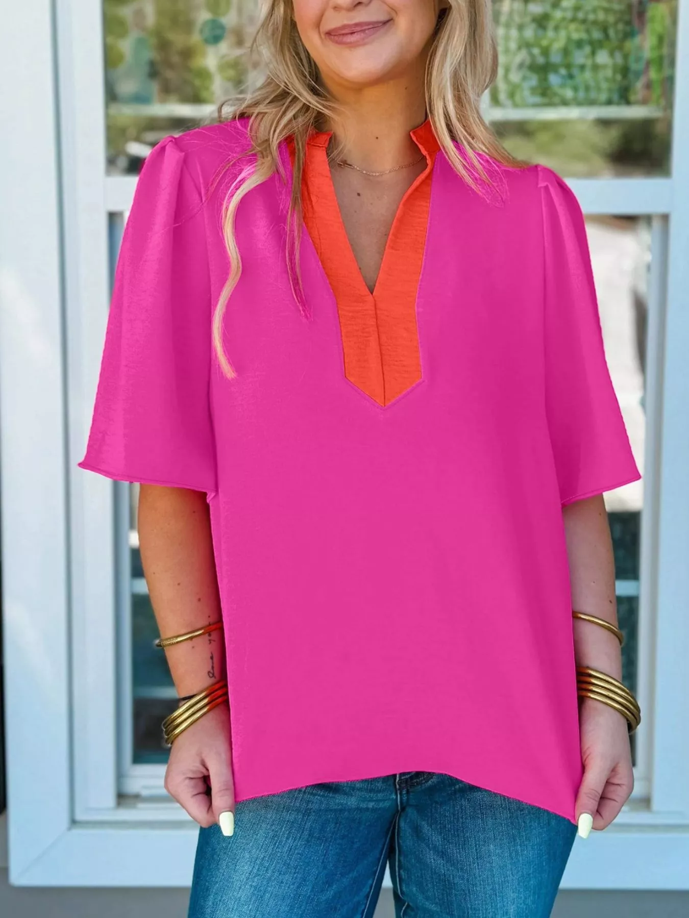 Notched Half Sleeve Blouse - Image 9