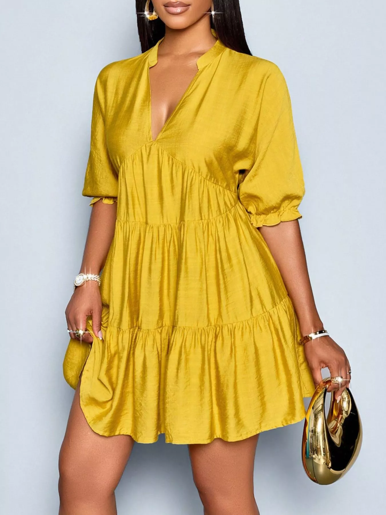 Notched Half Sleeve Tiered Dress - Image 18