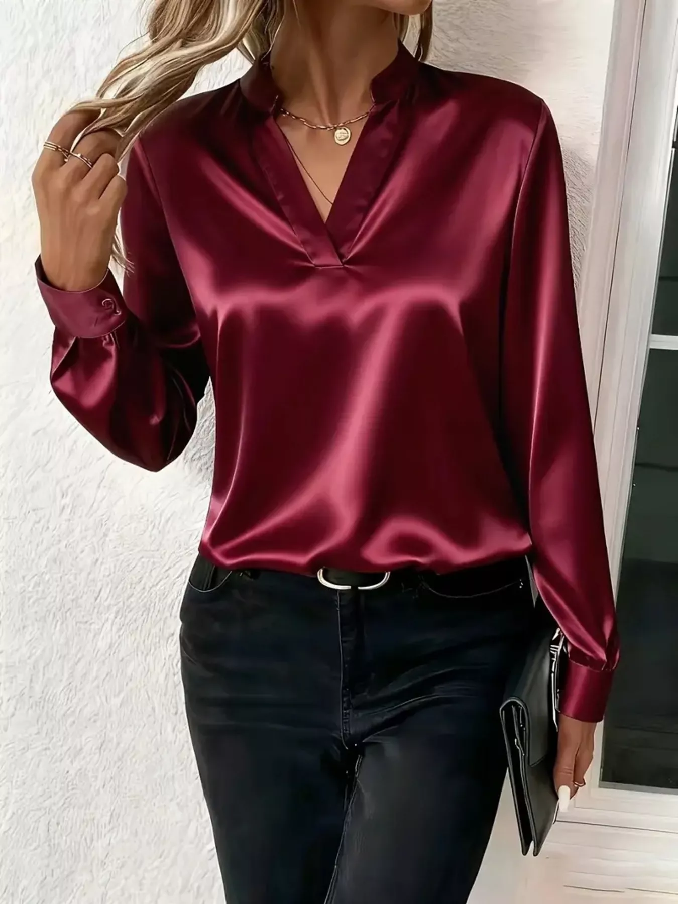 Notched Long Sleeve Blouse - Image 11