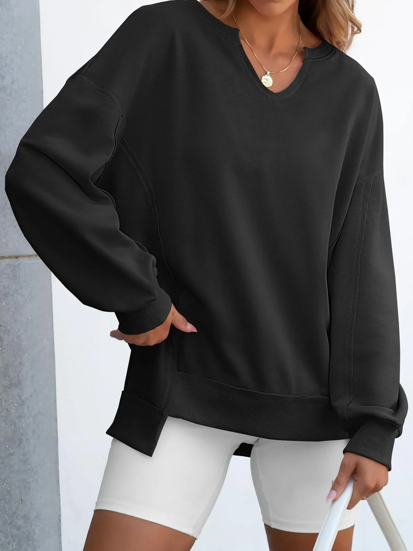 Notched Long Sleeve Oversized Sweatshirt - Image 15