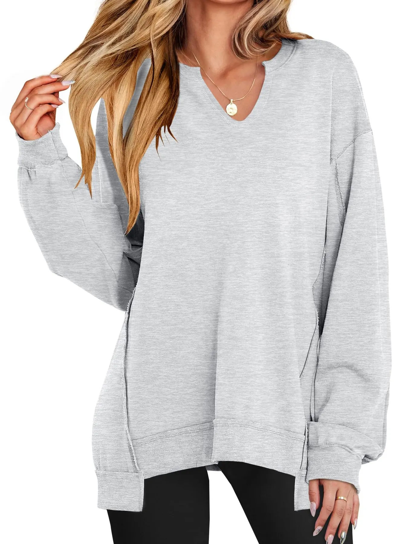 Notched Long Sleeve Oversized Sweatshirt - Image 18
