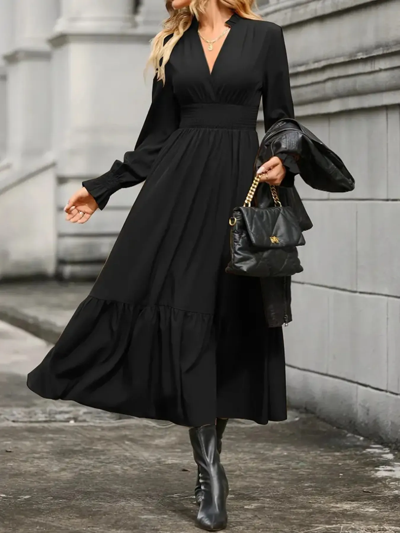 Notched Long Sleeve Tiered Dress - Image 8