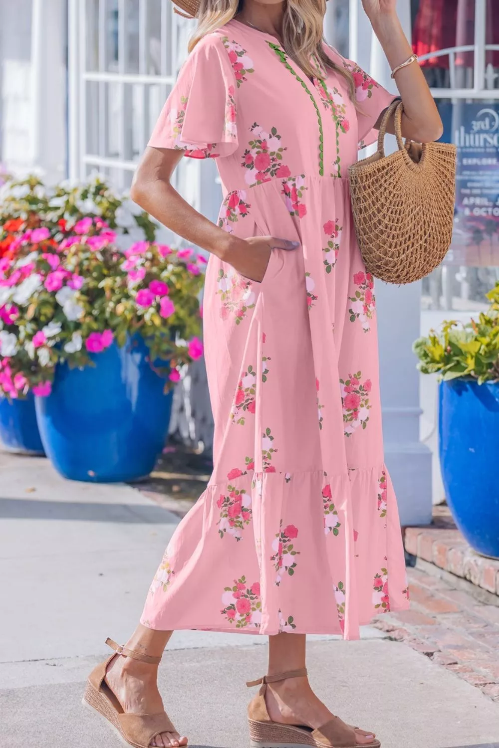 Notched Neck Flutter Short Sleeve Floral Print Dress - Image 3
