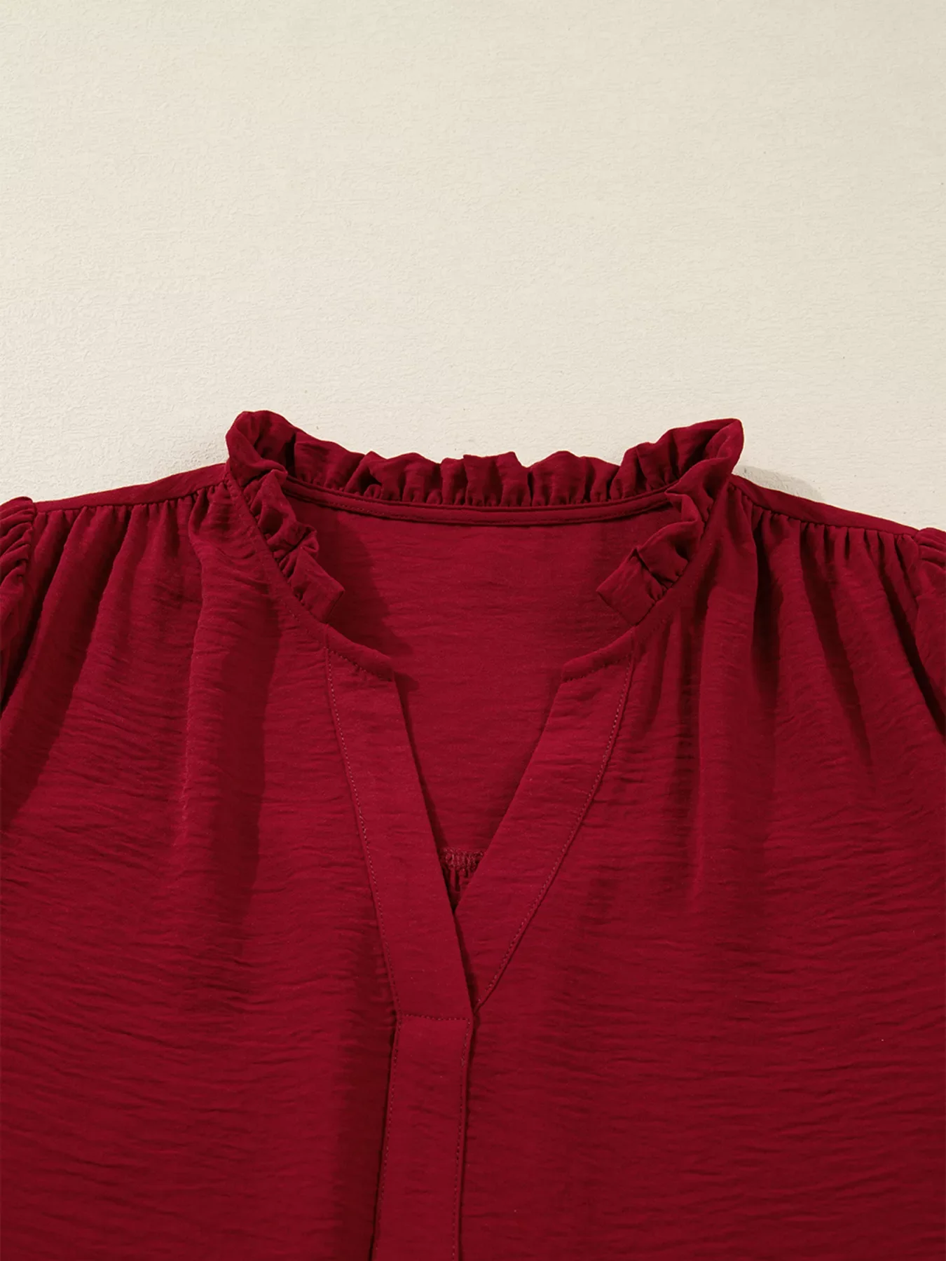 Notched Neck Shirred Cuff Long Sleeve Blouse - Image 9
