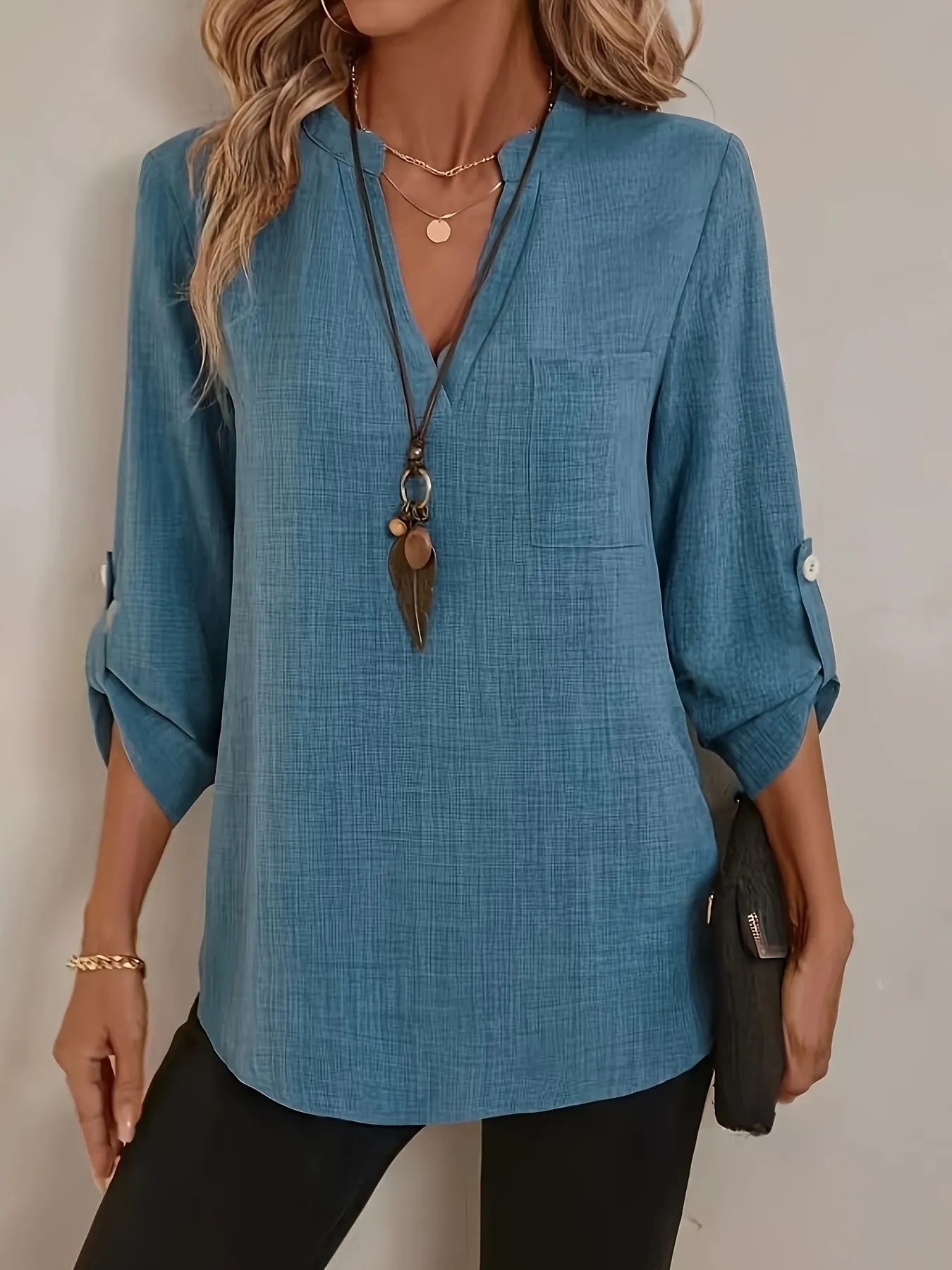 Notched Roll-Tab Sleeves Blouse - Image 6