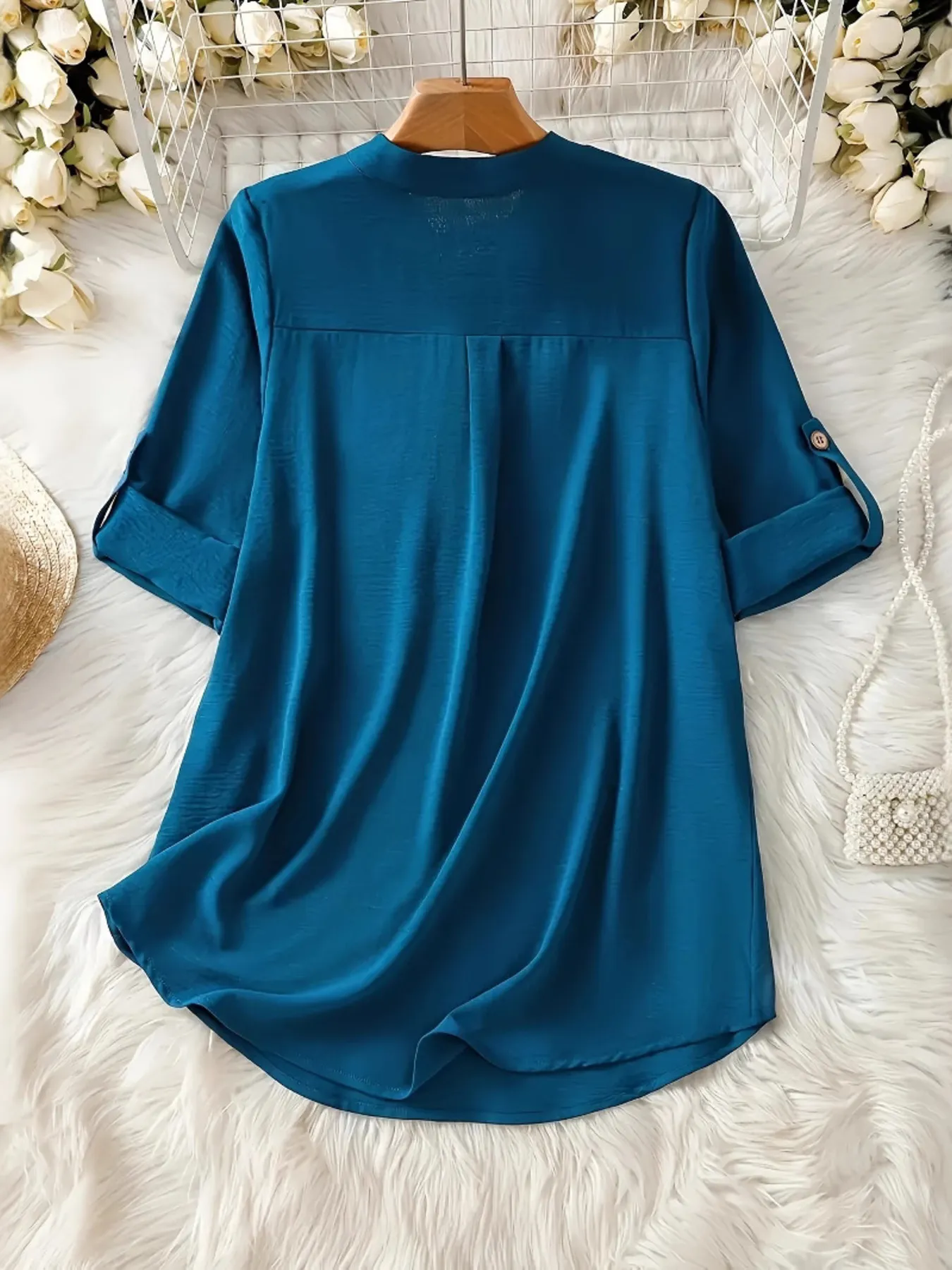 Notched Roll-Tab Sleeves Blouse - Image 3
