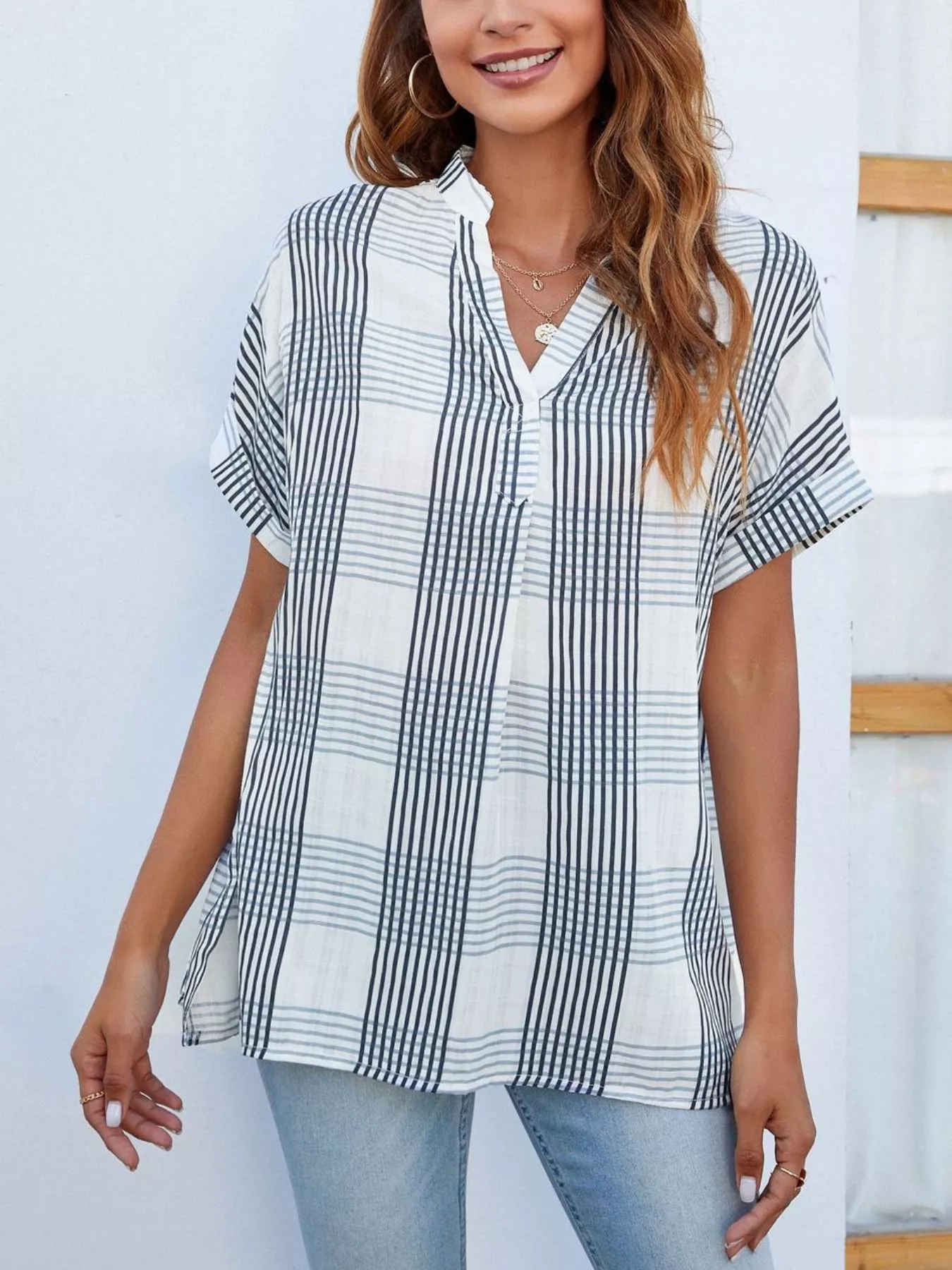 Notched Short Sleeve Blouse - Image 5