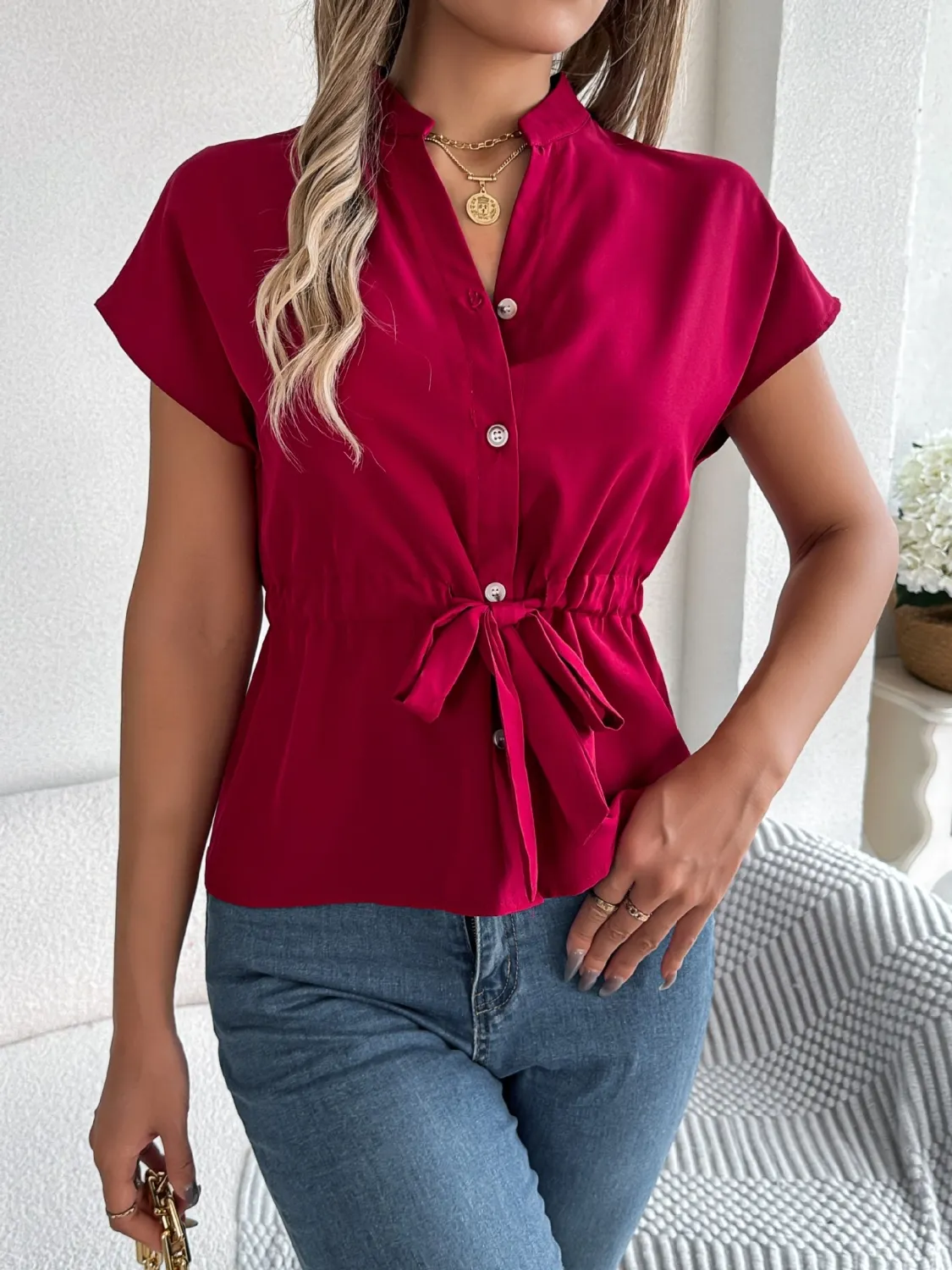 Notched Short Sleeve Blouse - Image 13