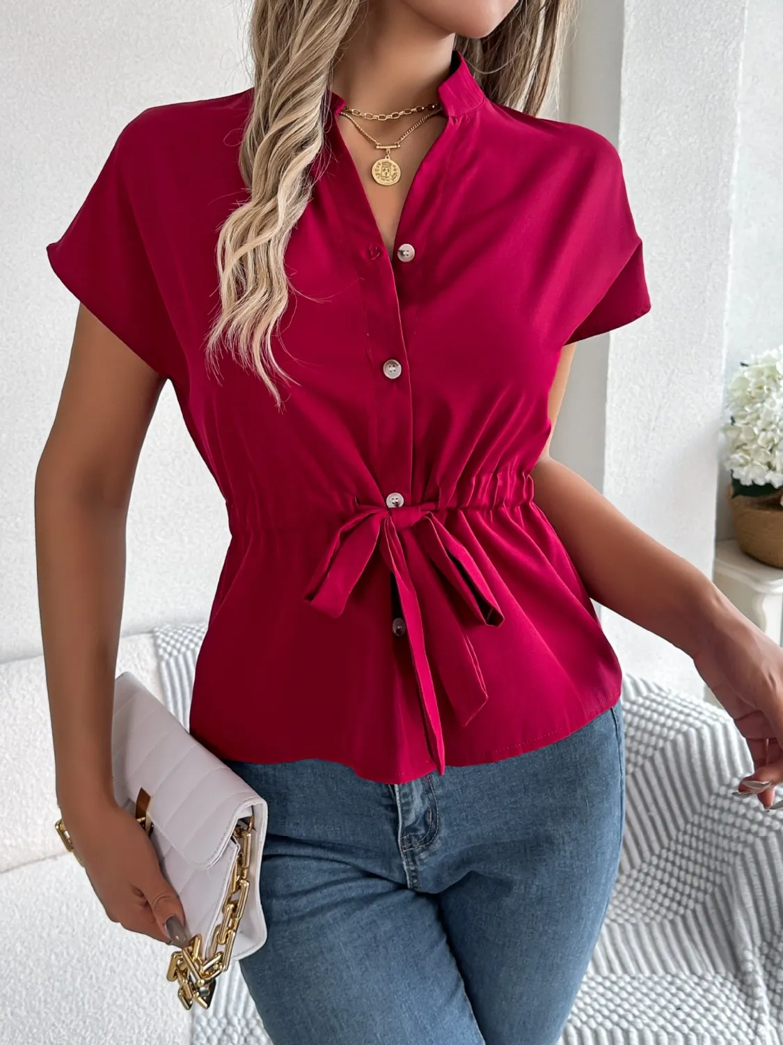 Notched Short Sleeve Blouse - Image 14