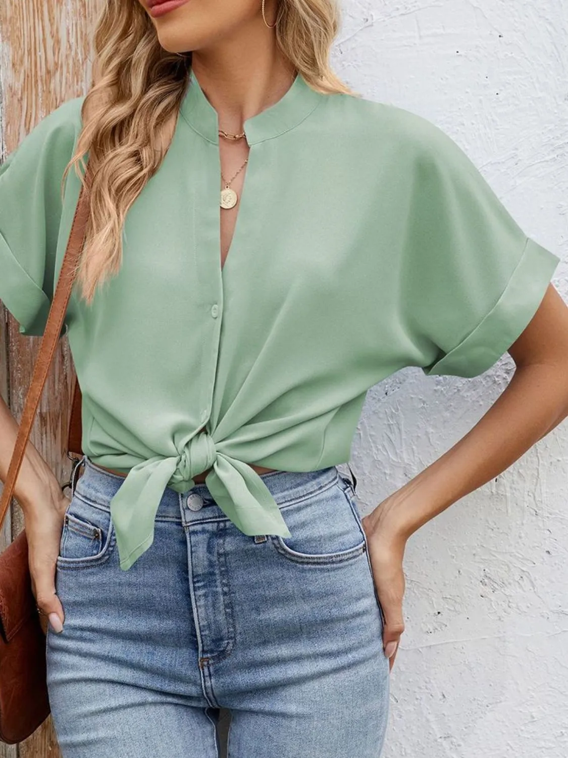 Notched Short Sleeve Blouse - Image 27
