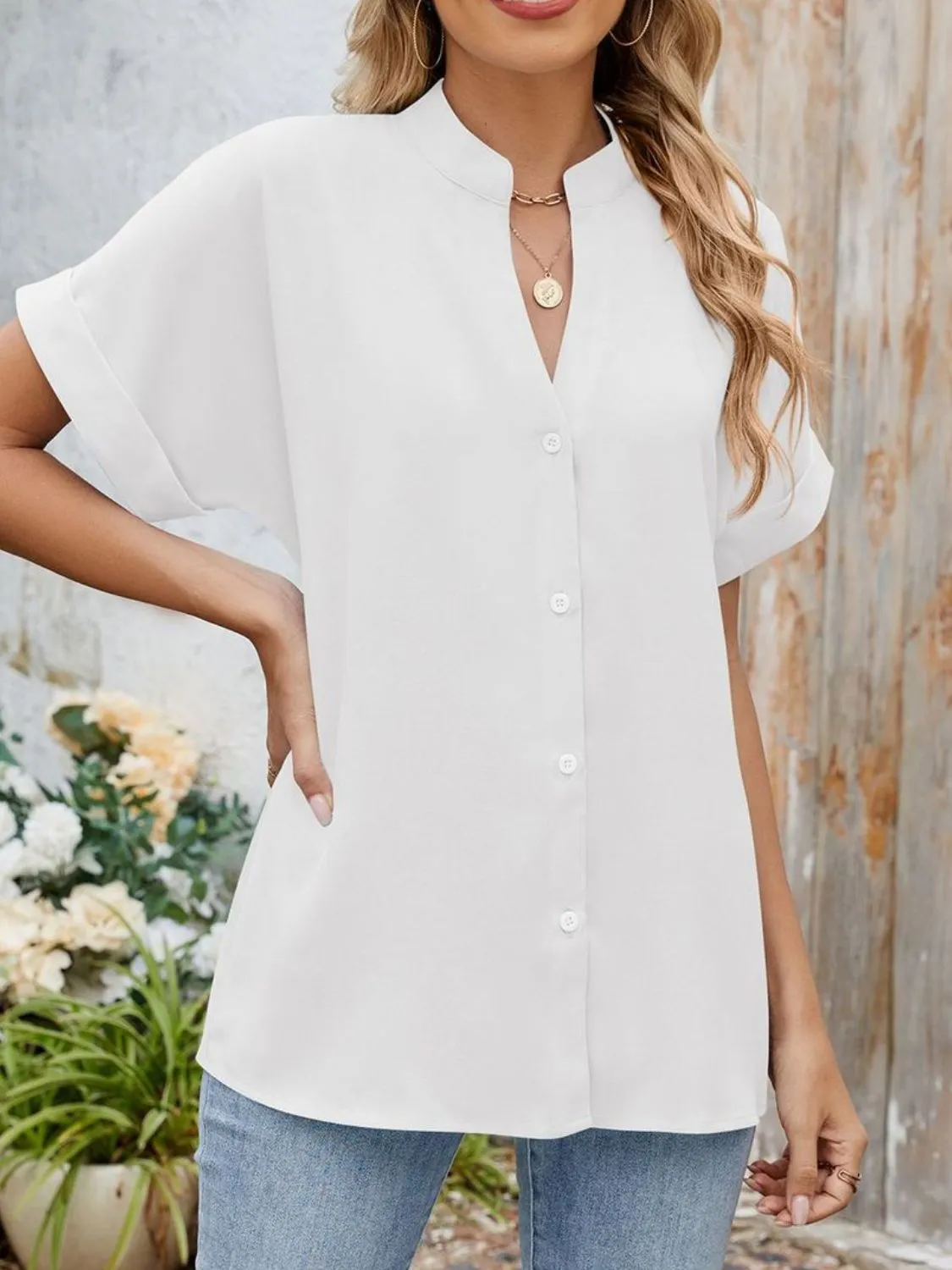 Notched Short Sleeve Blouse - Image 8