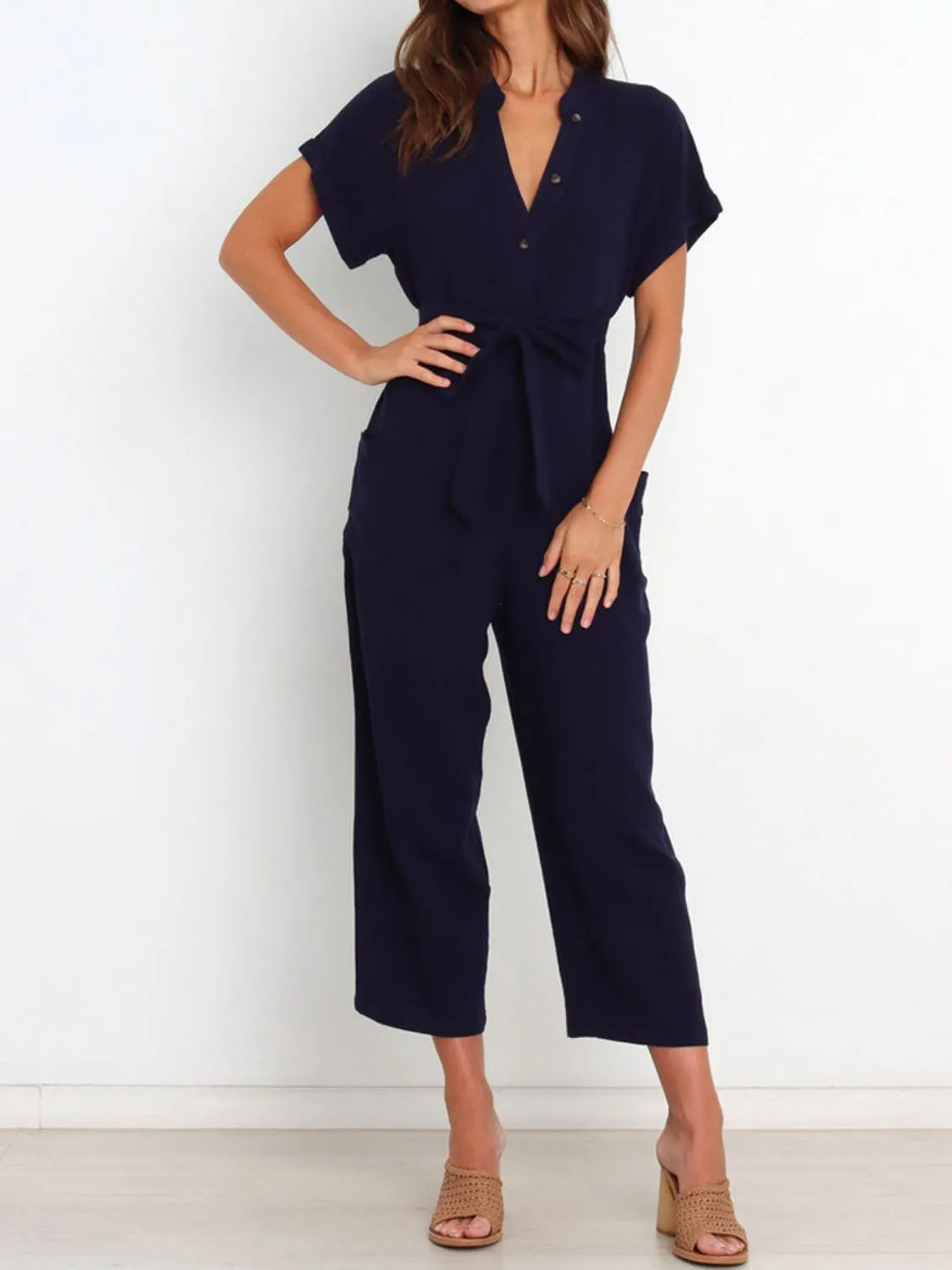 Notched Short Sleeve Tie Waist Jumpsuit - Image 4
