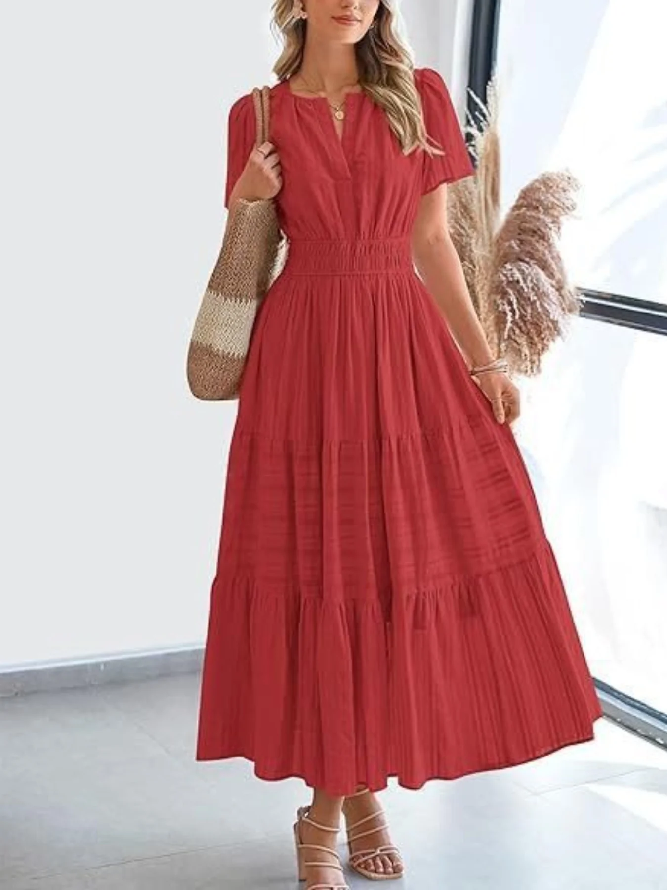Notched Short Sleeve Tiered Dress - Image 18