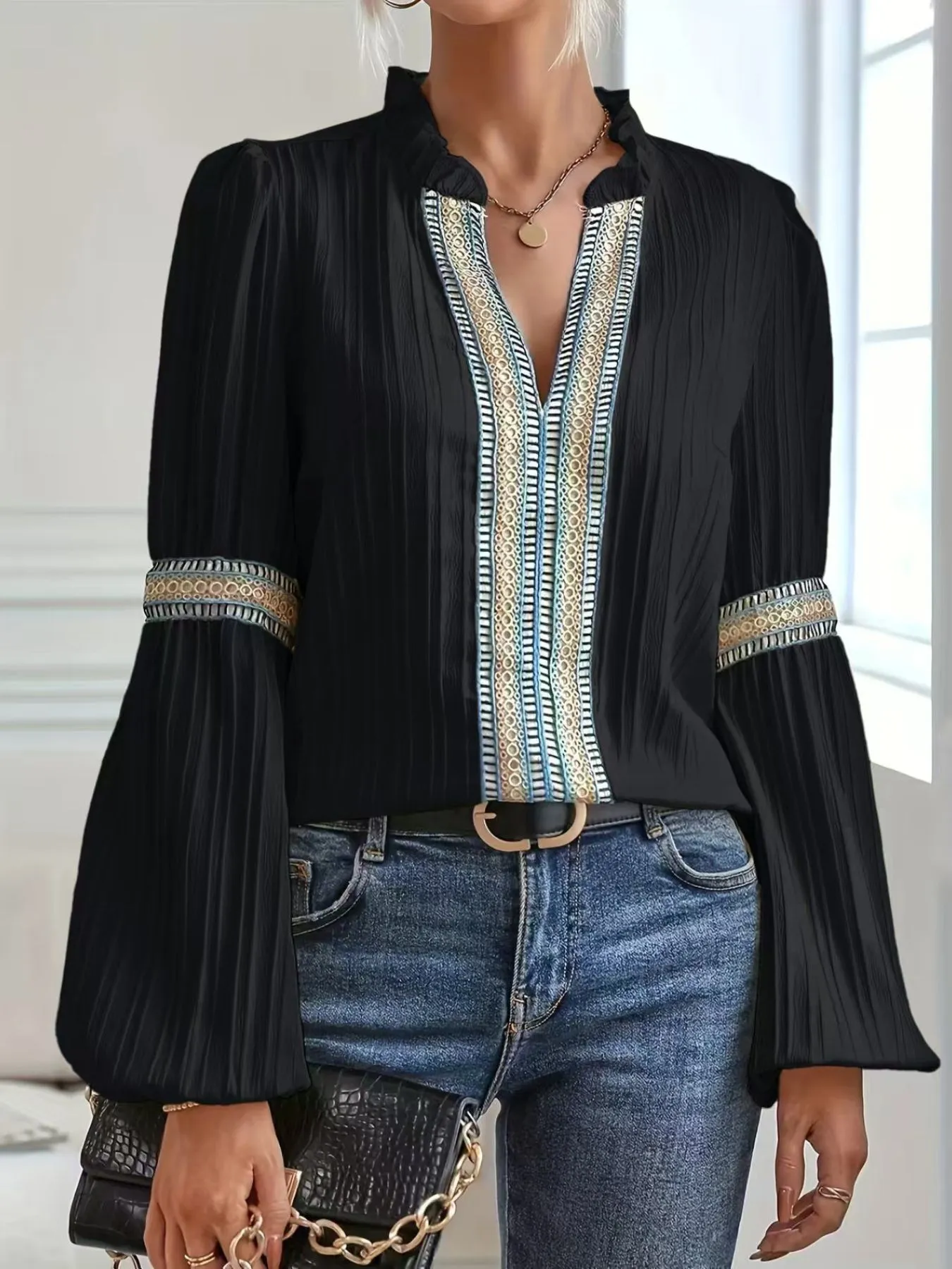 Notched Textured Balloon Sleeve Blouse - Image 5