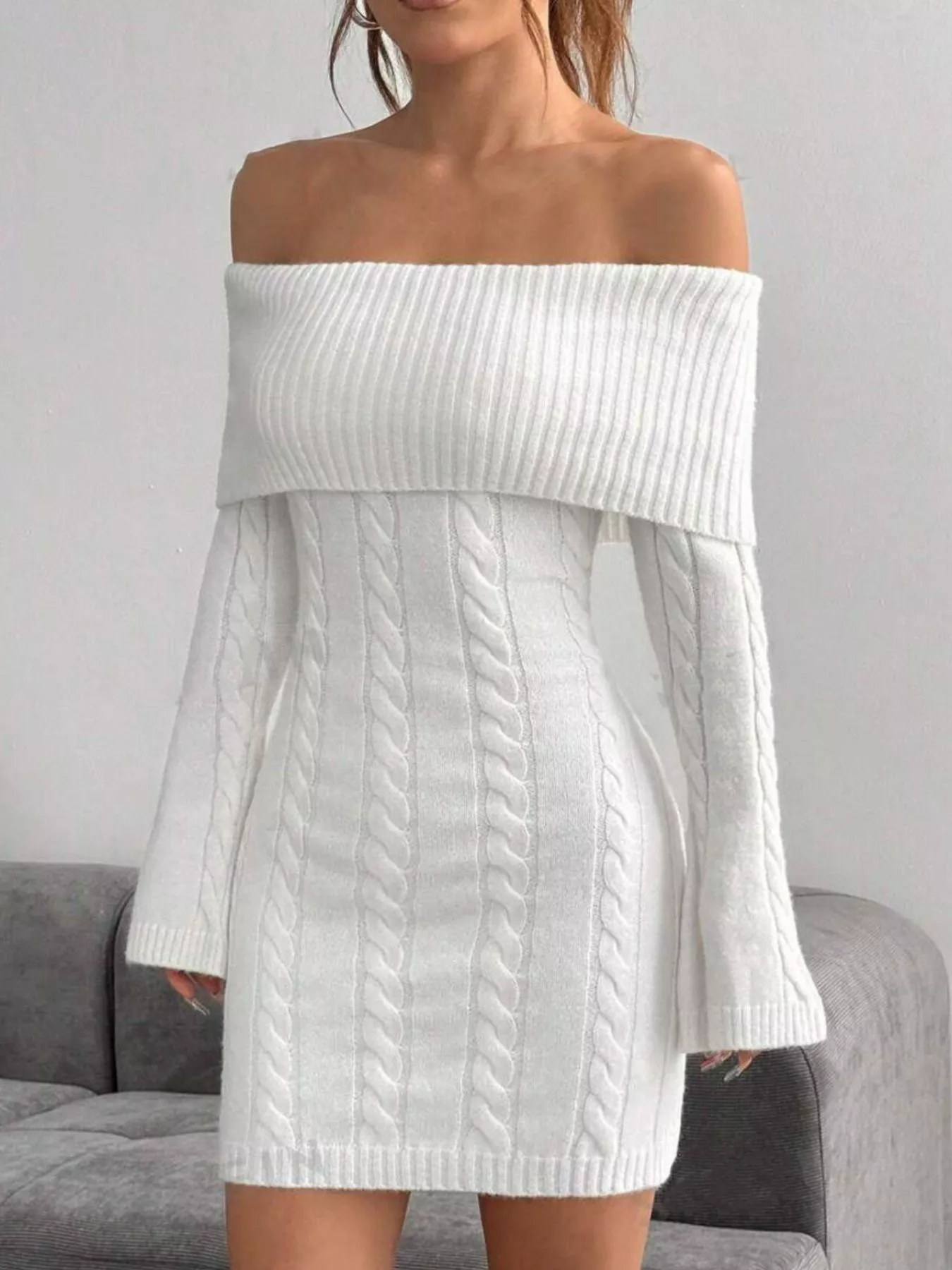 Off-Shoulder Cable Knit Bodycon Sweater Dress - Image 4