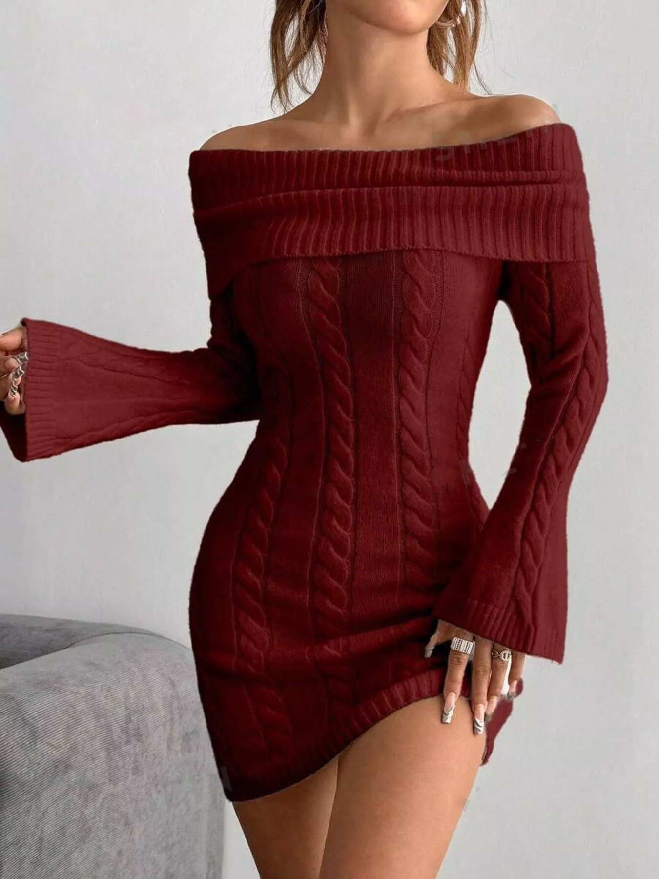 Off-Shoulder Cable Knit Bodycon Sweater Dress - Image 9