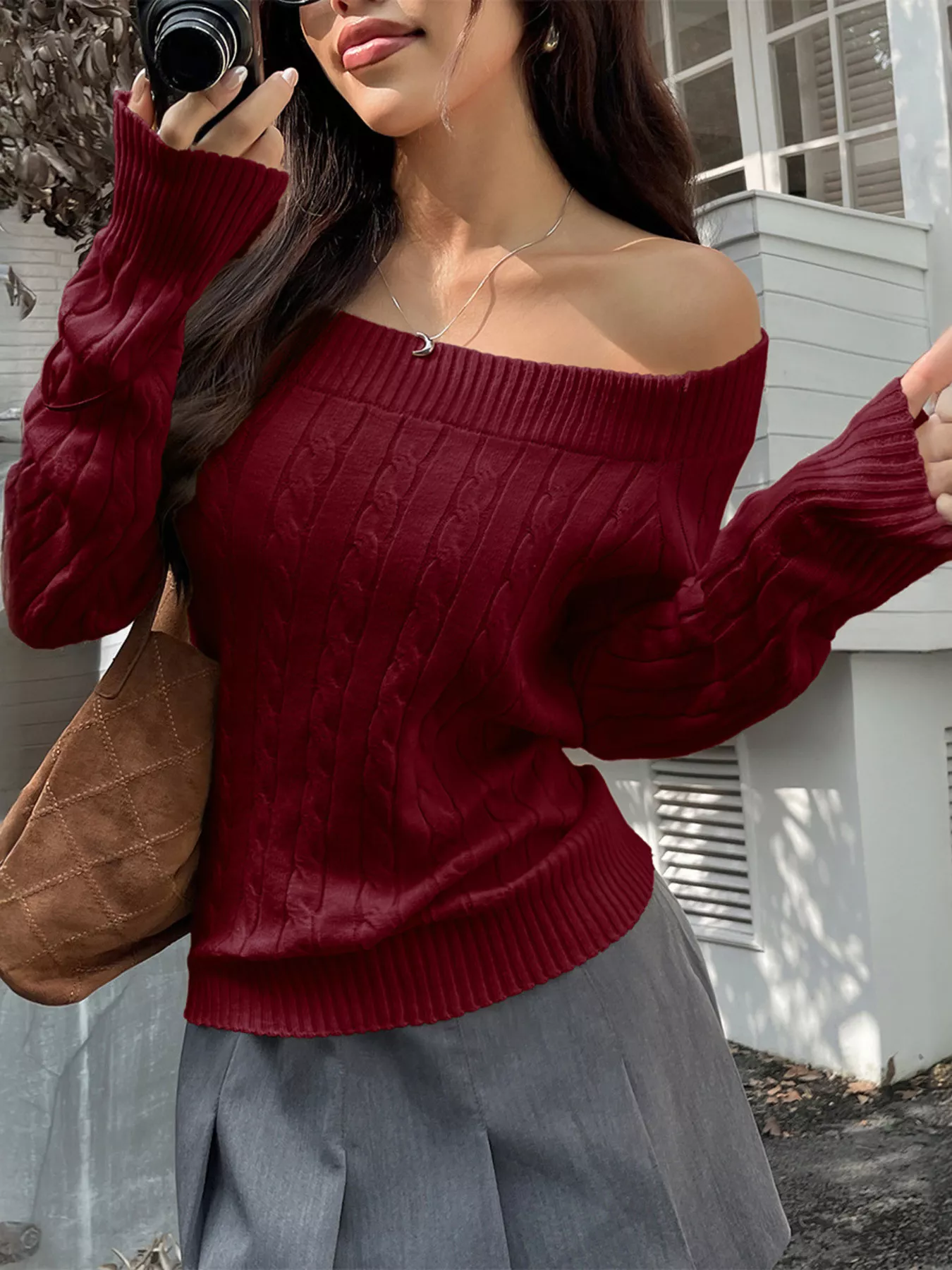Off-Shoulder Cable Knit Sweater - Image 7