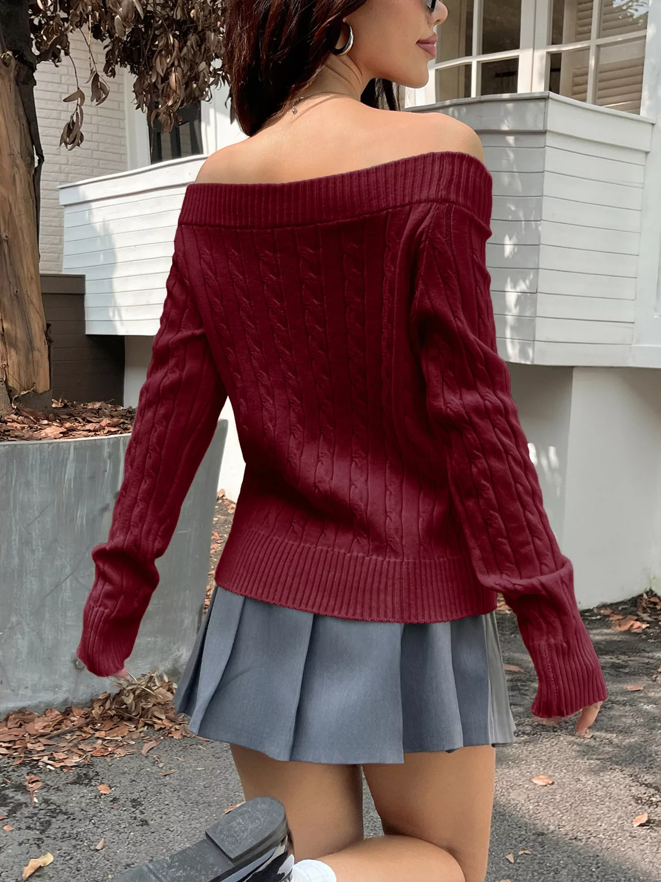 Off-Shoulder Cable Knit Sweater - Image 9