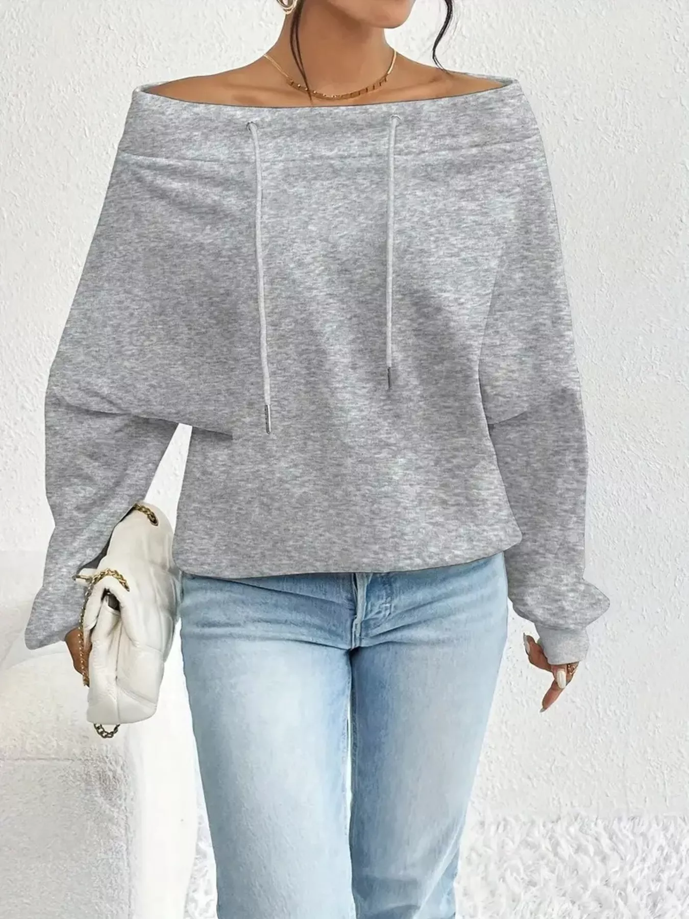 Off-Shoulder Drawstring Sweatshirt - Image 2