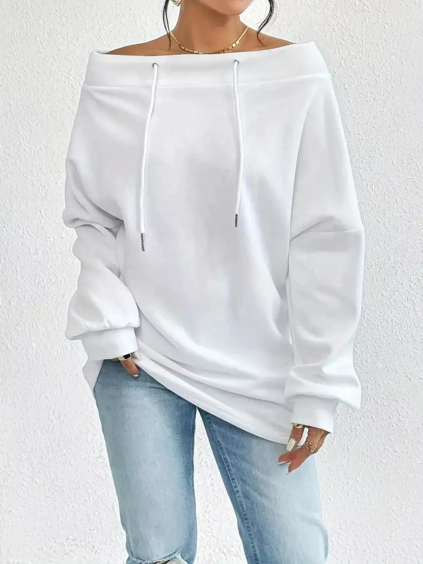 Off-Shoulder Drawstring Sweatshirt - Image 4